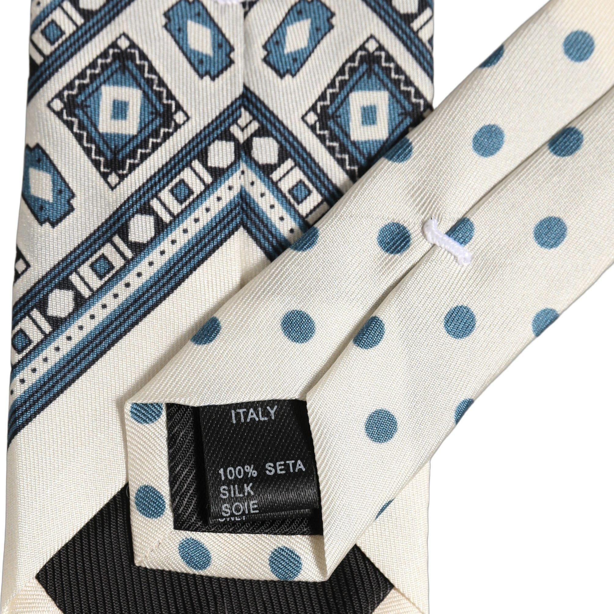 Dolce & Gabbana Men Off White Blue Geometric Adjustable Tied Necktie Tie