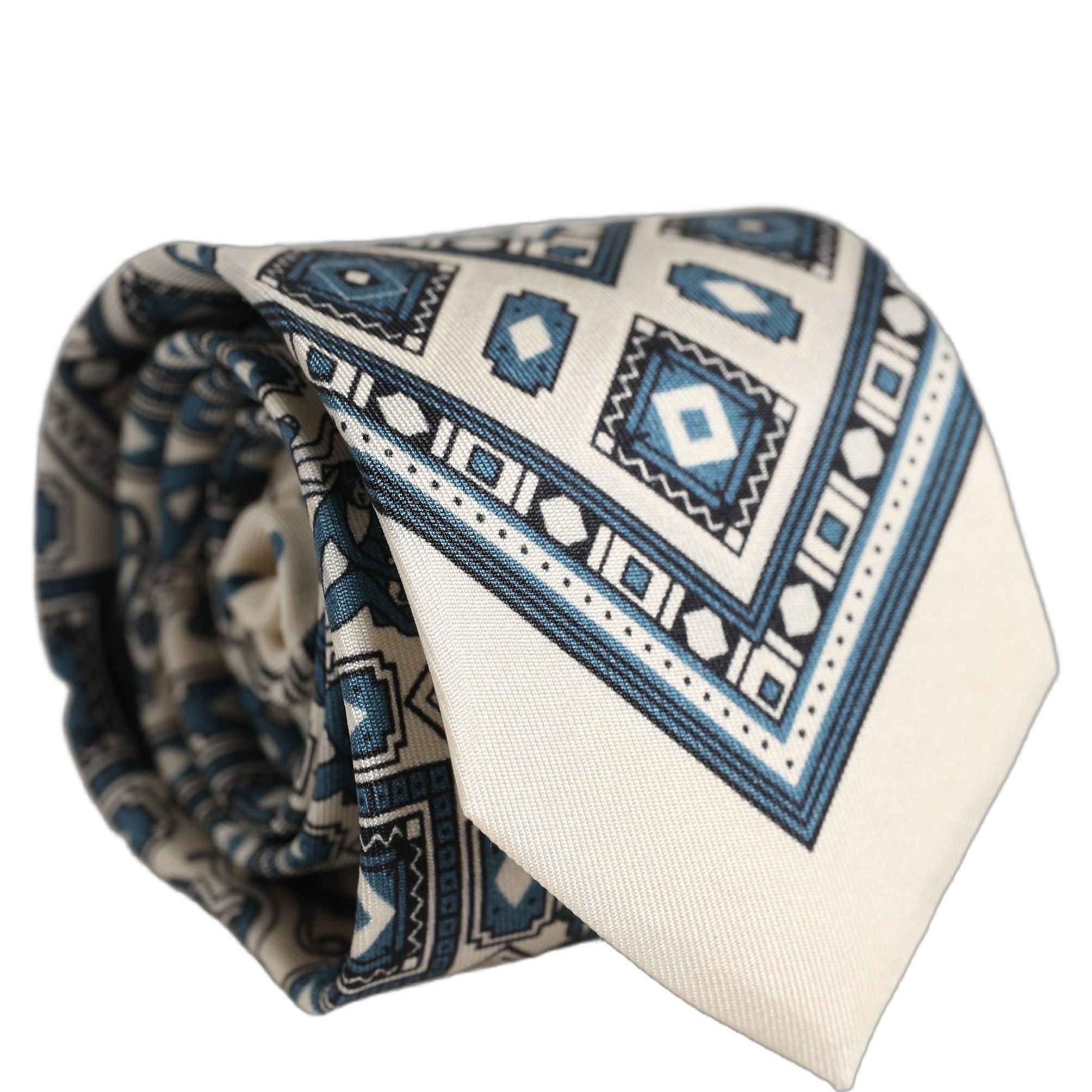 Dolce & Gabbana Men Off White Blue Geometric Adjustable Tied Necktie Tie