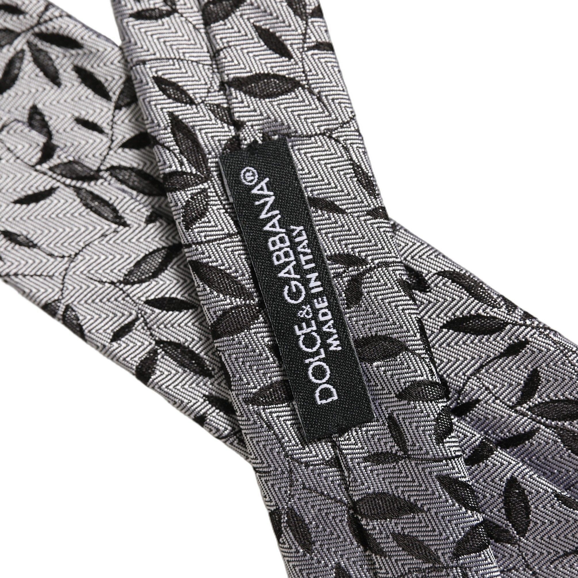 Dolce & Gabbana Men Gray Leaf Pattern Silk Adjustable Tied Necktie Tie