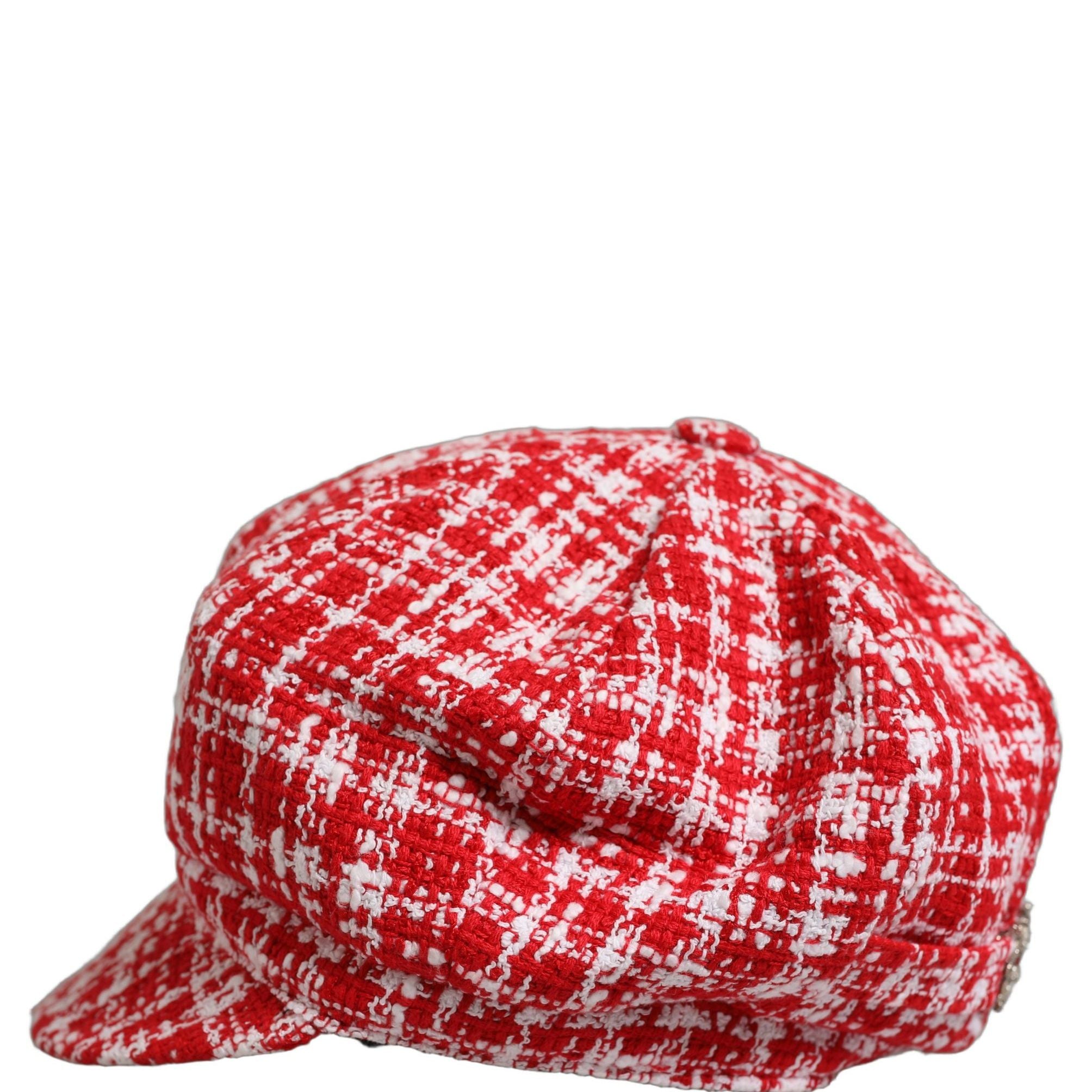 Dolce & Gabbana Red White Tweed Textured Baker Boy Capello Hat