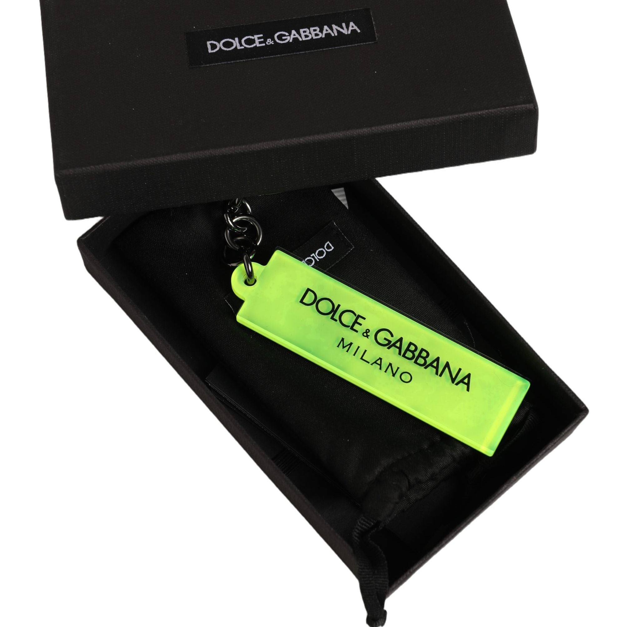 Dolce & Gabbana Neon Green Logo Print Charm Metal Keychain Keyring