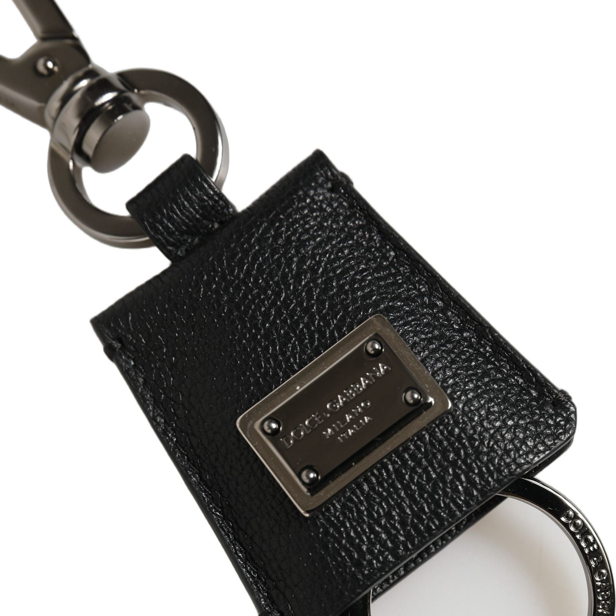 Dolce & Gabbana Black Dauphine Leather Silver Metal Logo Plaque Keyring