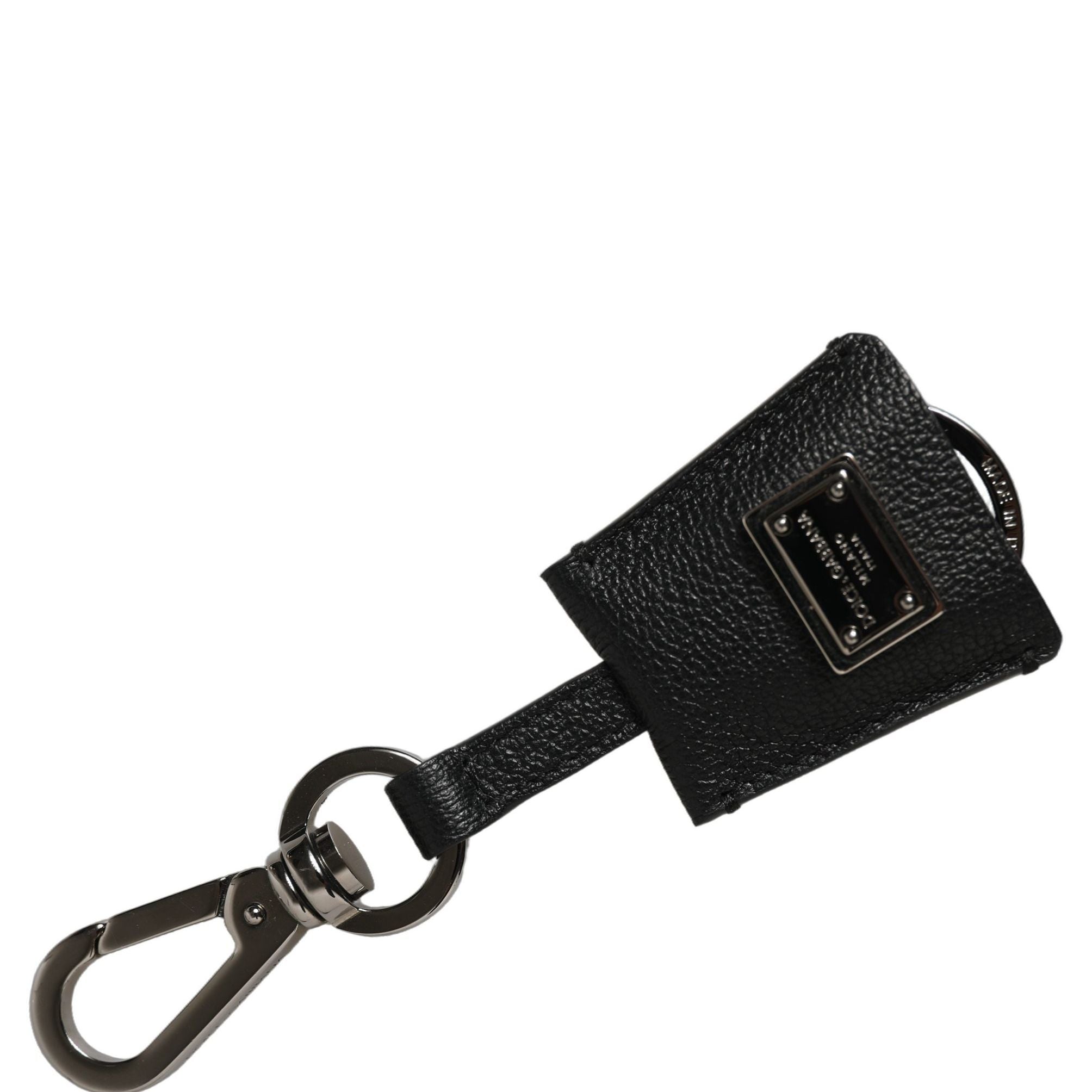 Dolce & Gabbana Black Dauphine Leather Silver Metal Logo Plaque Keyring