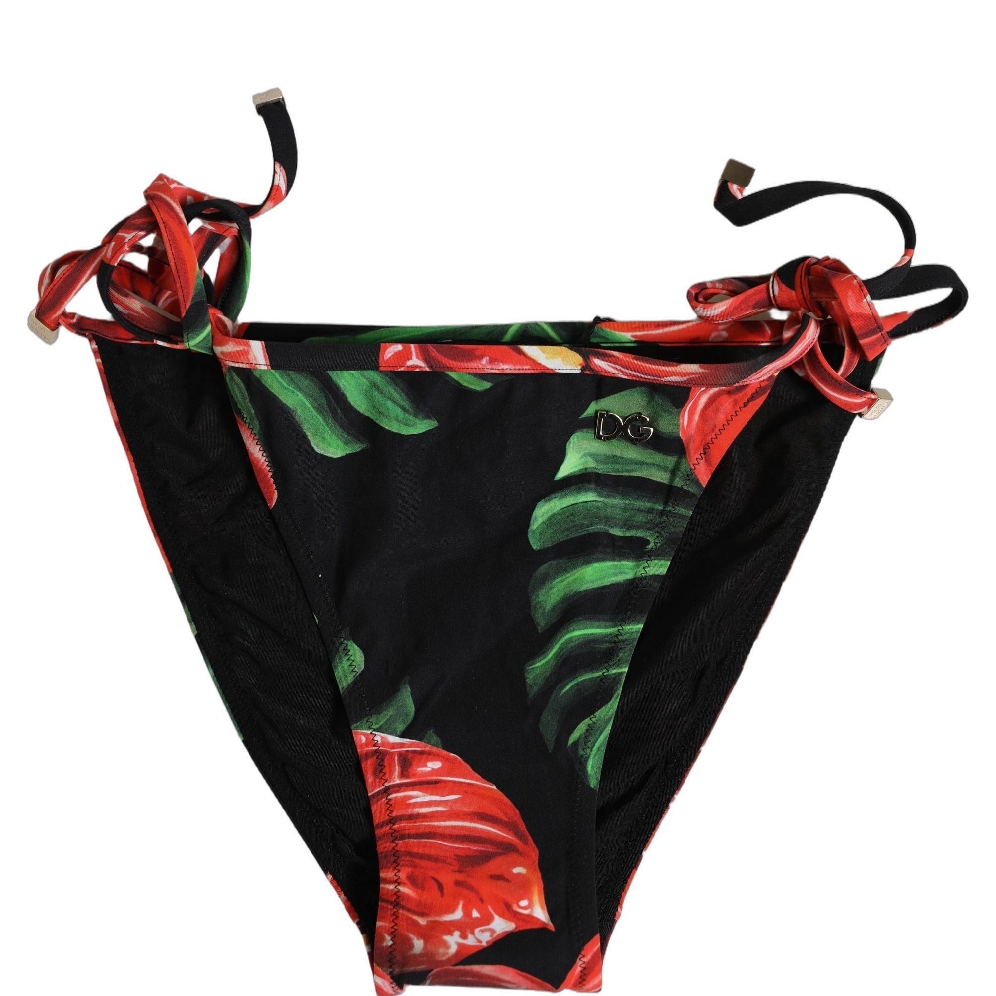 Dolce & Gabbana Black Floral Print Nylon Beachwear Bikini Bottom
