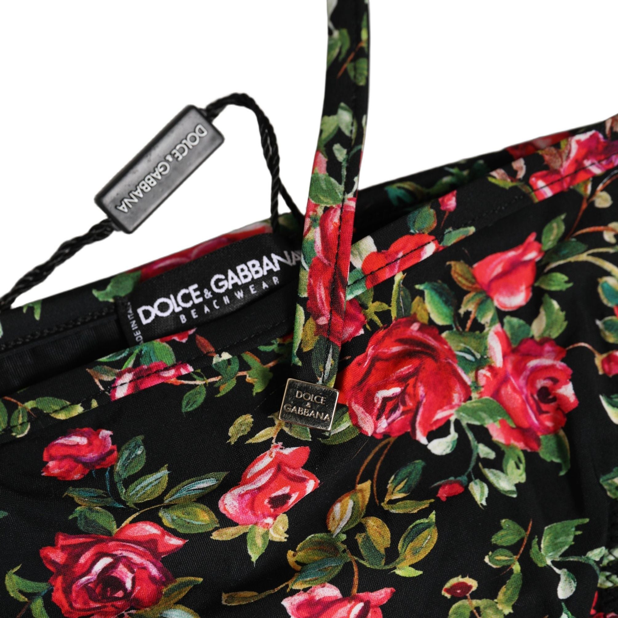 Dolce & Gabbana Black Floral Print Nylon Beachwear Bikini Bottom