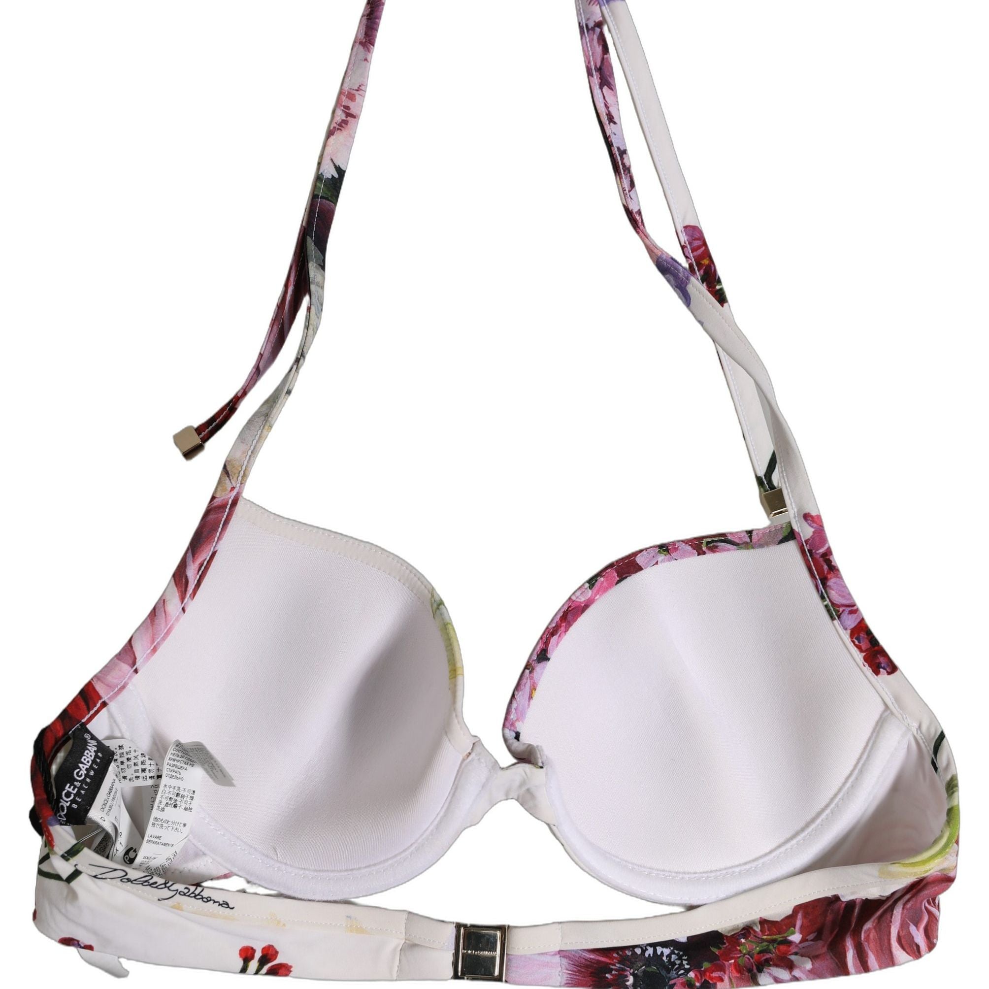 Dolce & Gabbana White Floral Print Nylon Beachwear Bikini Top