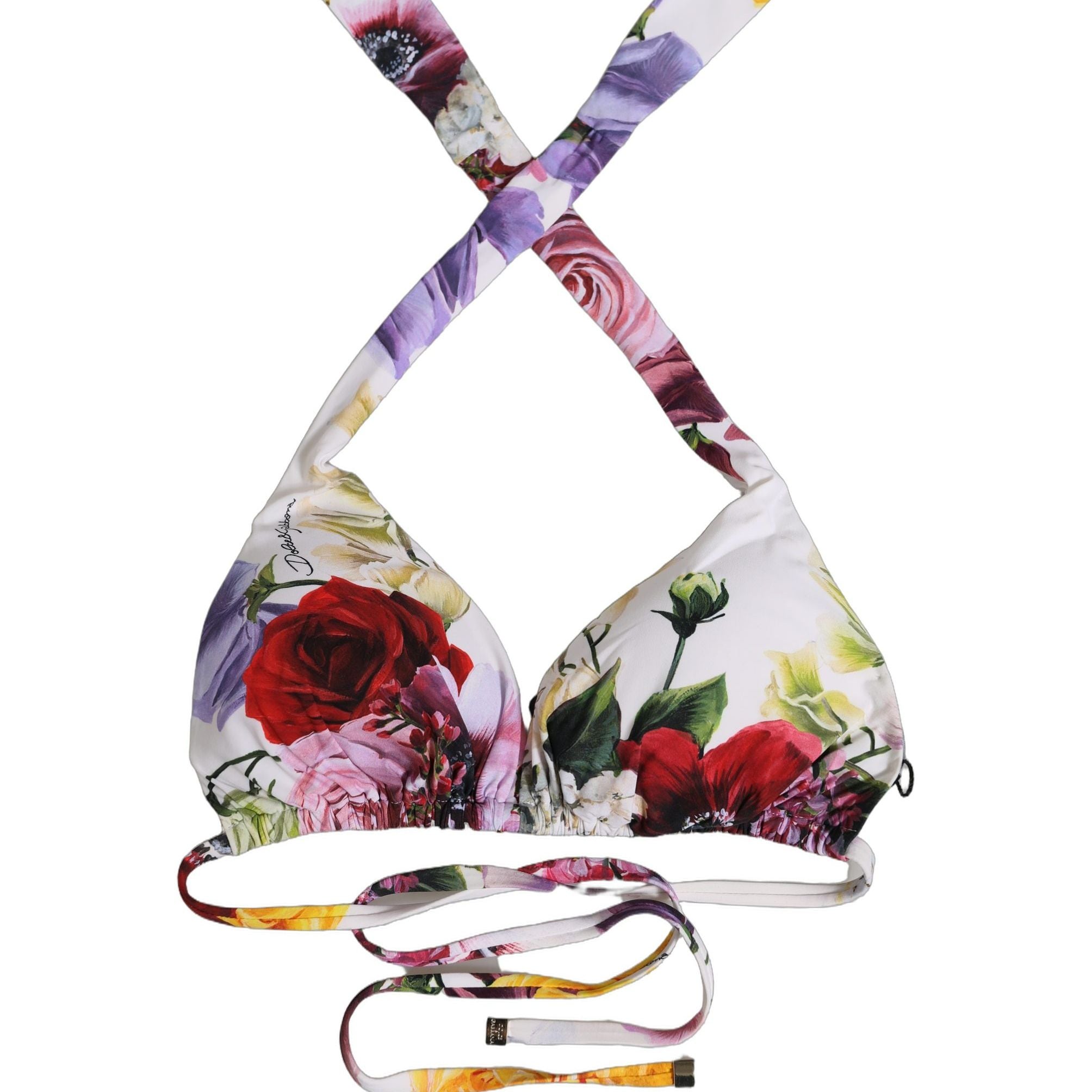 Dolce & Gabbana White Floral Print Triangle Beachwear Bikini Top
