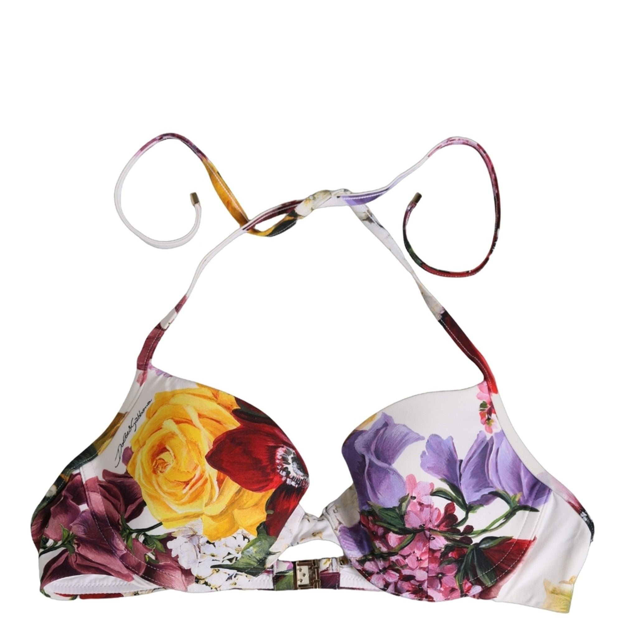 Dolce & Gabbana White Floral Print Nylon Beachwear Bikini Top