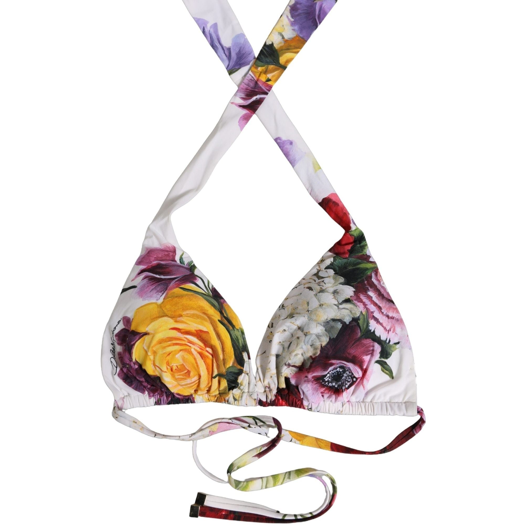 Dolce & Gabbana White Floral Print Triangle Beachwear Bikini Top