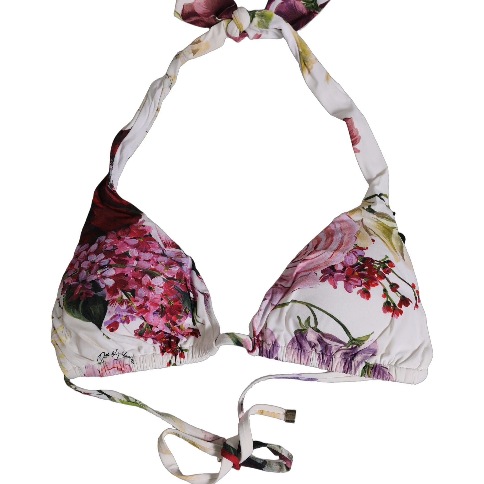 Dolce & Gabbana White Floral Print Triangle Beachwear Bikini Top