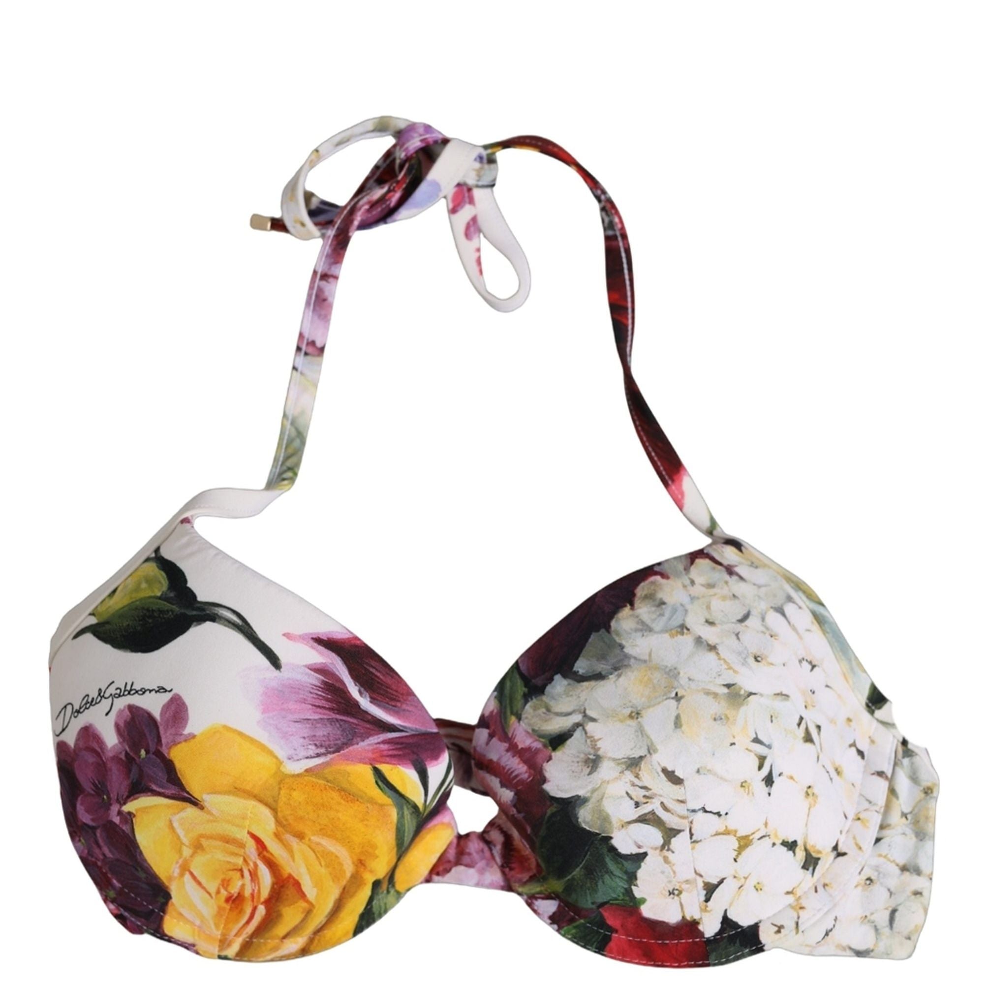 Dolce & Gabbana White Floral Print Nylon Beachwear Bikini Top