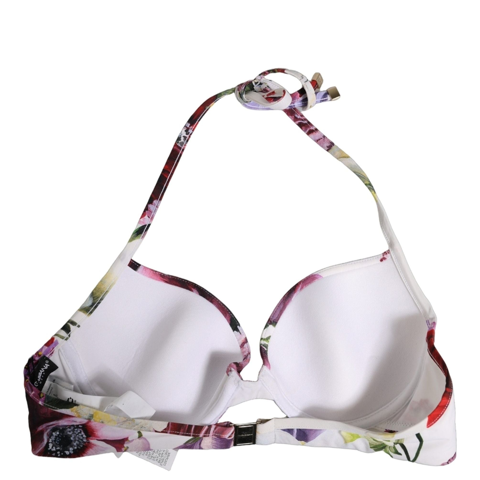 Dolce & Gabbana White Floral Print Nylon Beachwear Bikini Top