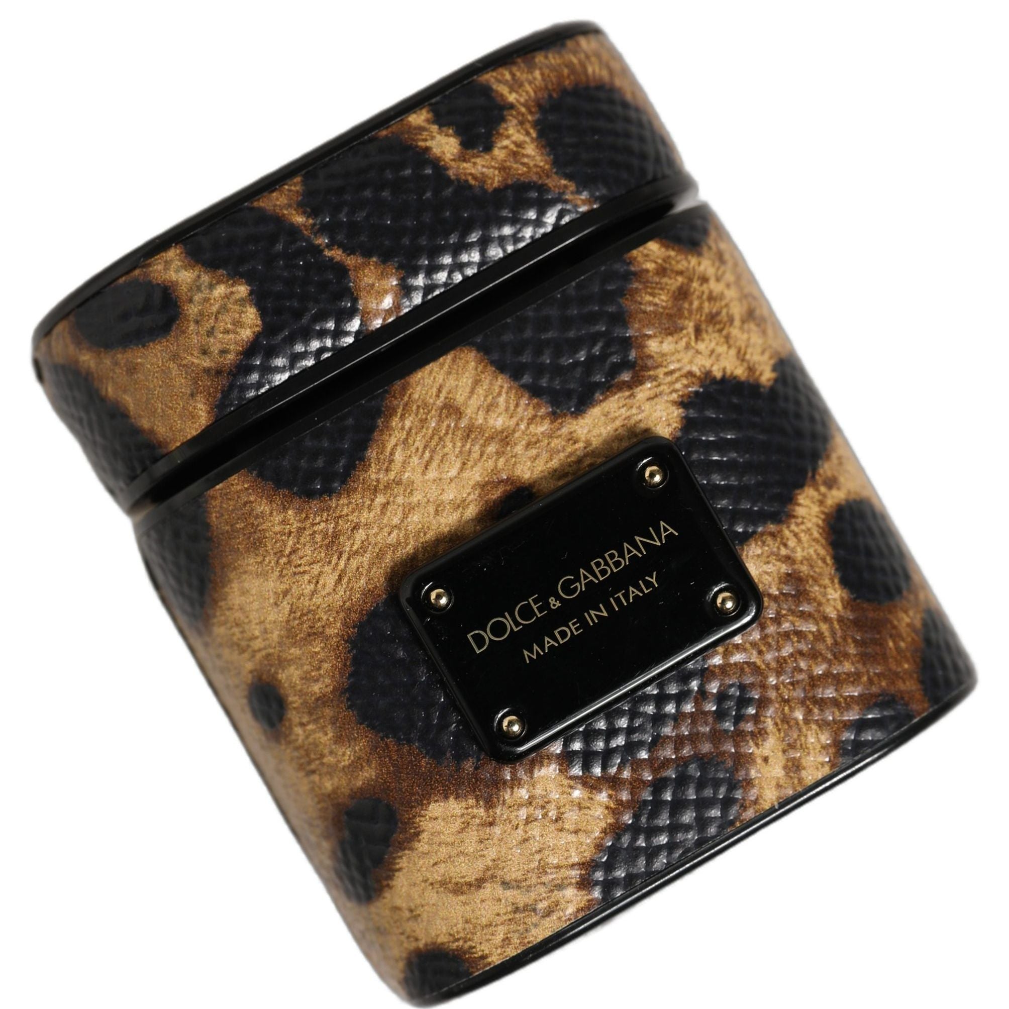 Dolce & Gabbana Brown Leopard Calf Leather Metal Logo Plaque Airpods Case