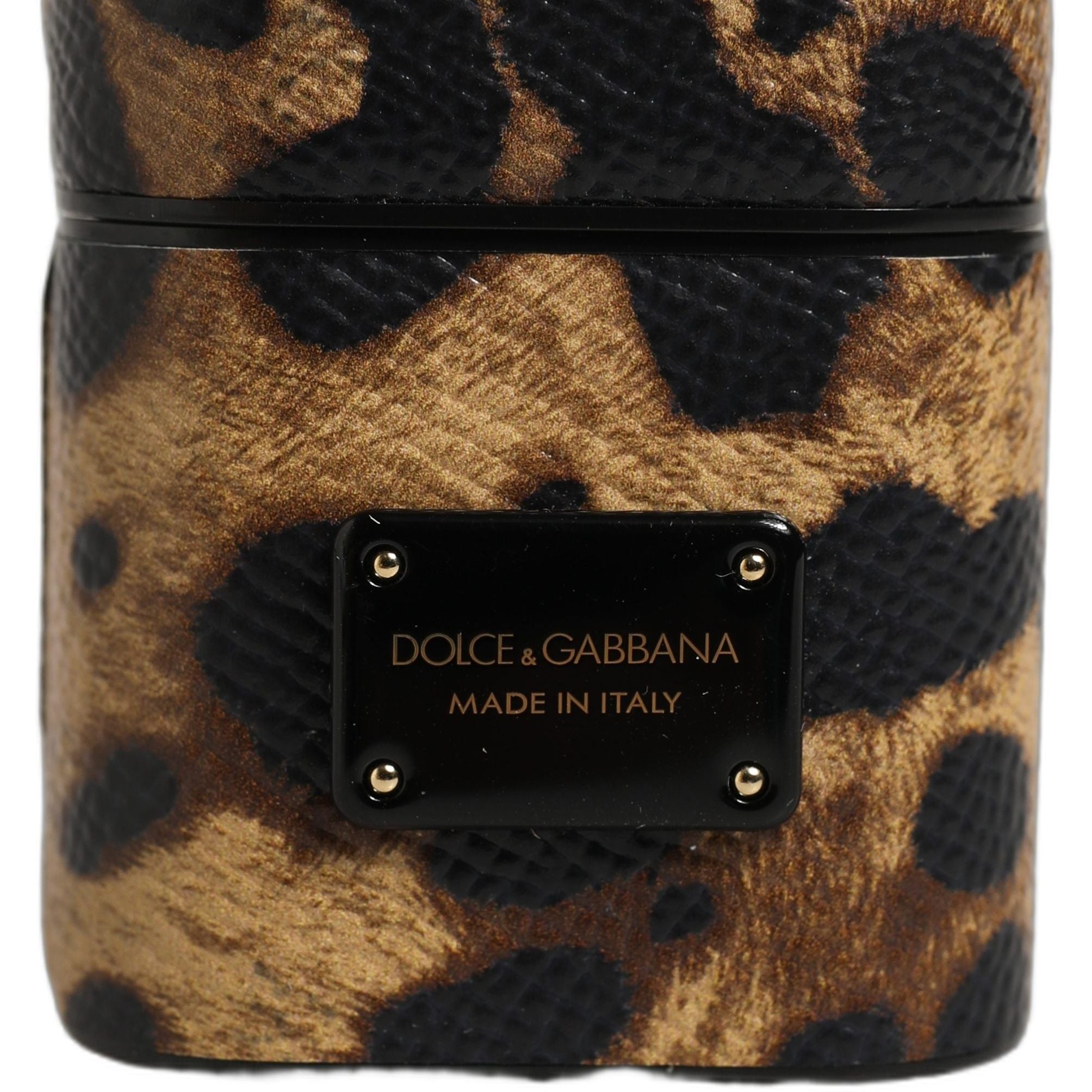 Dolce & Gabbana Brown Leopard Calf Leather Metal Logo Plaque Airpods Case
