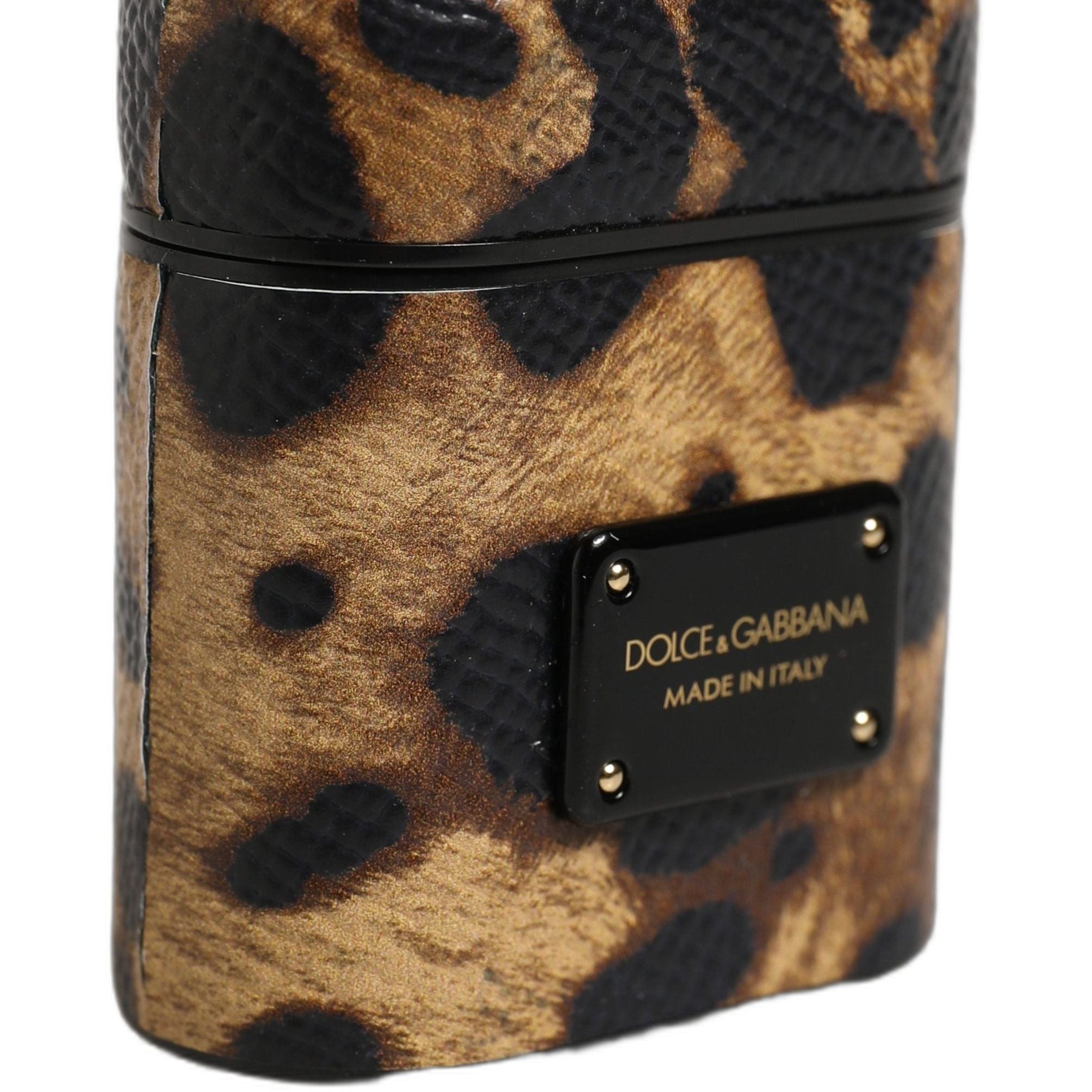Dolce & Gabbana Brown Leopard Calf Leather Metal Logo Plaque Airpods Case