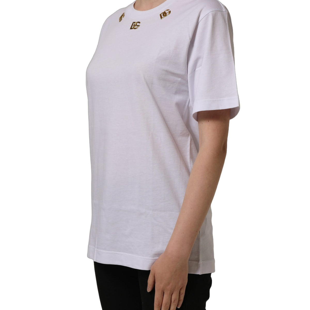 Dolce & Gabbana White Cotton Gold DG Logo Crew Neck T-shirt
