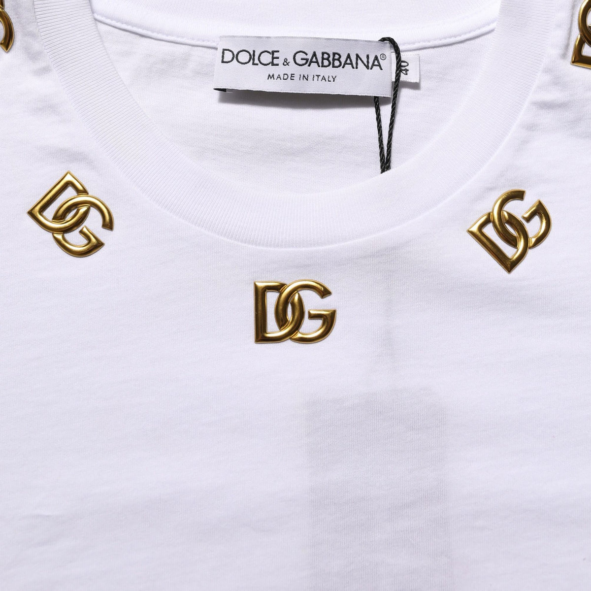 Dolce & Gabbana White Cotton Gold DG Logo Crew Neck T-shirt