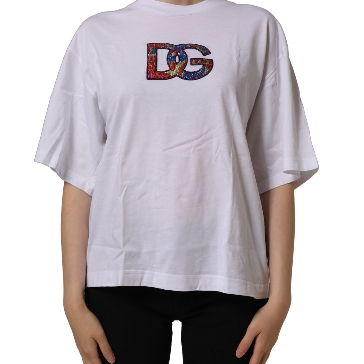 Dolce & Gabbana White Logo Patch Cotton Crew Neck T-shirt