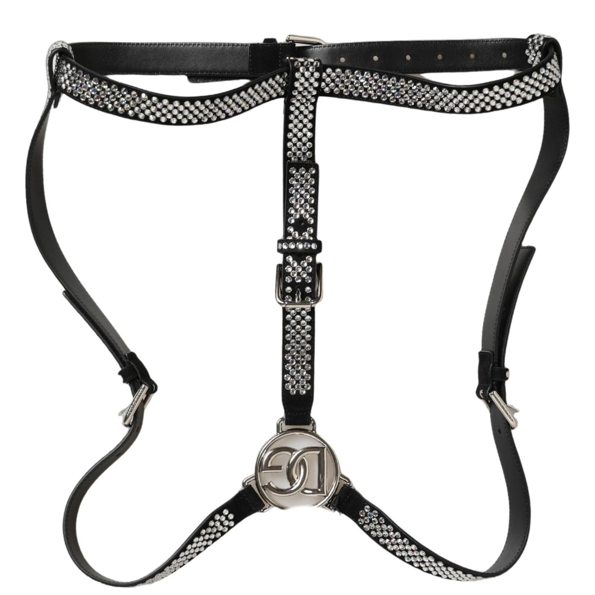 Dolce & Gabbana Black Leather Rhinestones Embellished Men Suspender