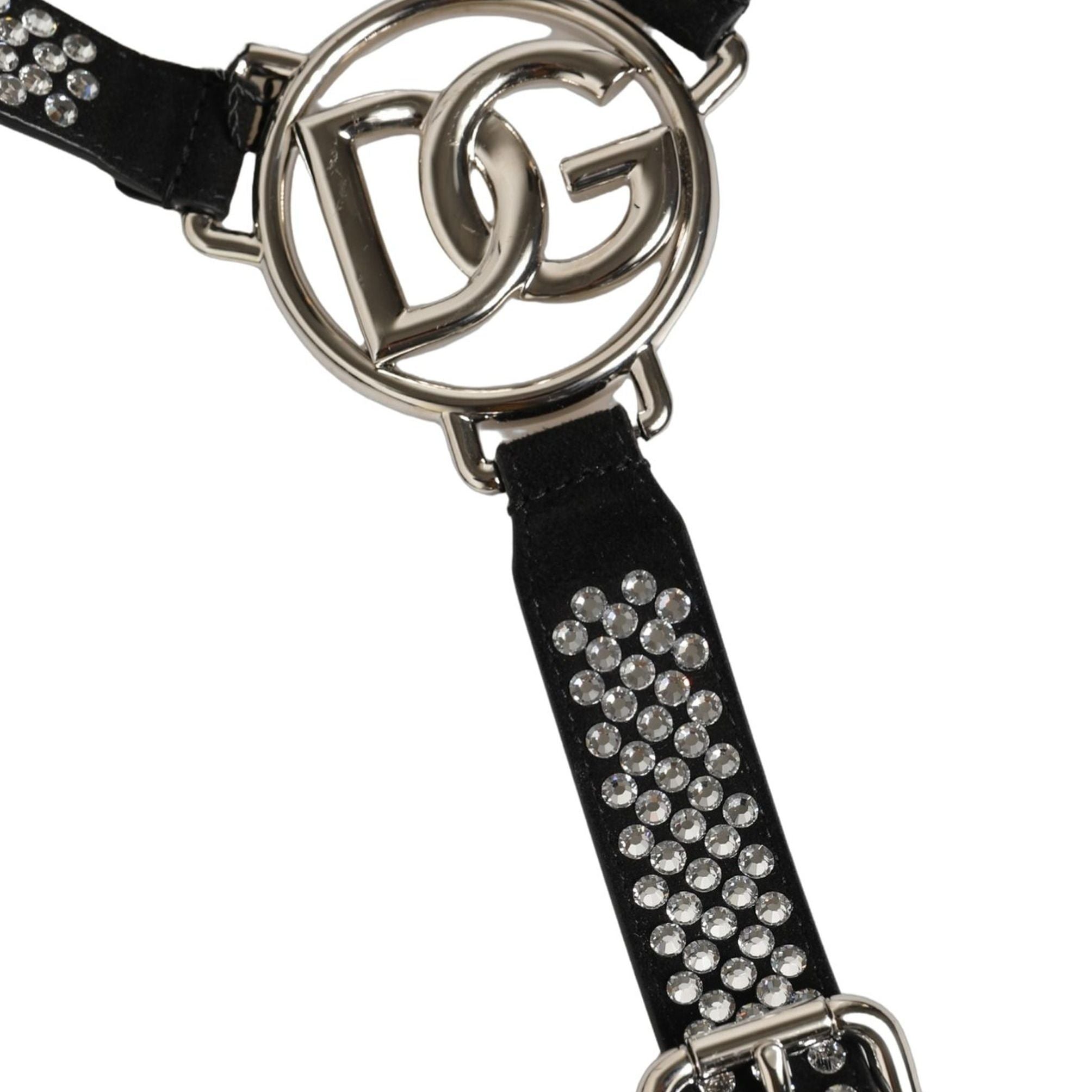 Dolce & Gabbana Black Leather Rhinestones Embellished Men Suspender