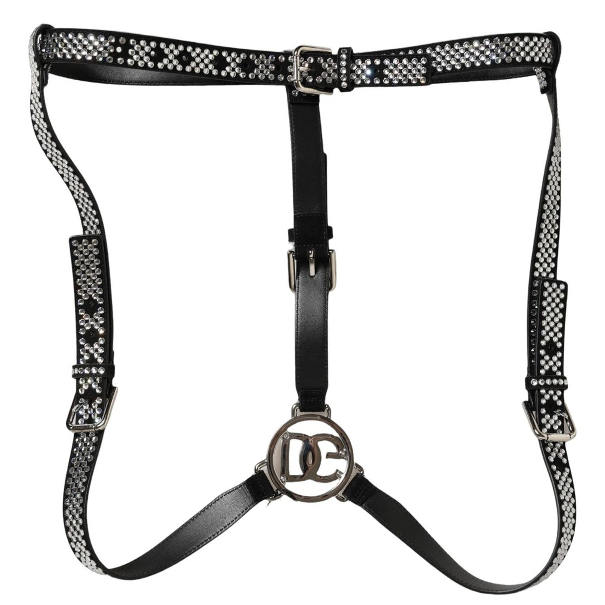 Dolce & Gabbana Black Leather Rhinestones Embellished Men Suspender