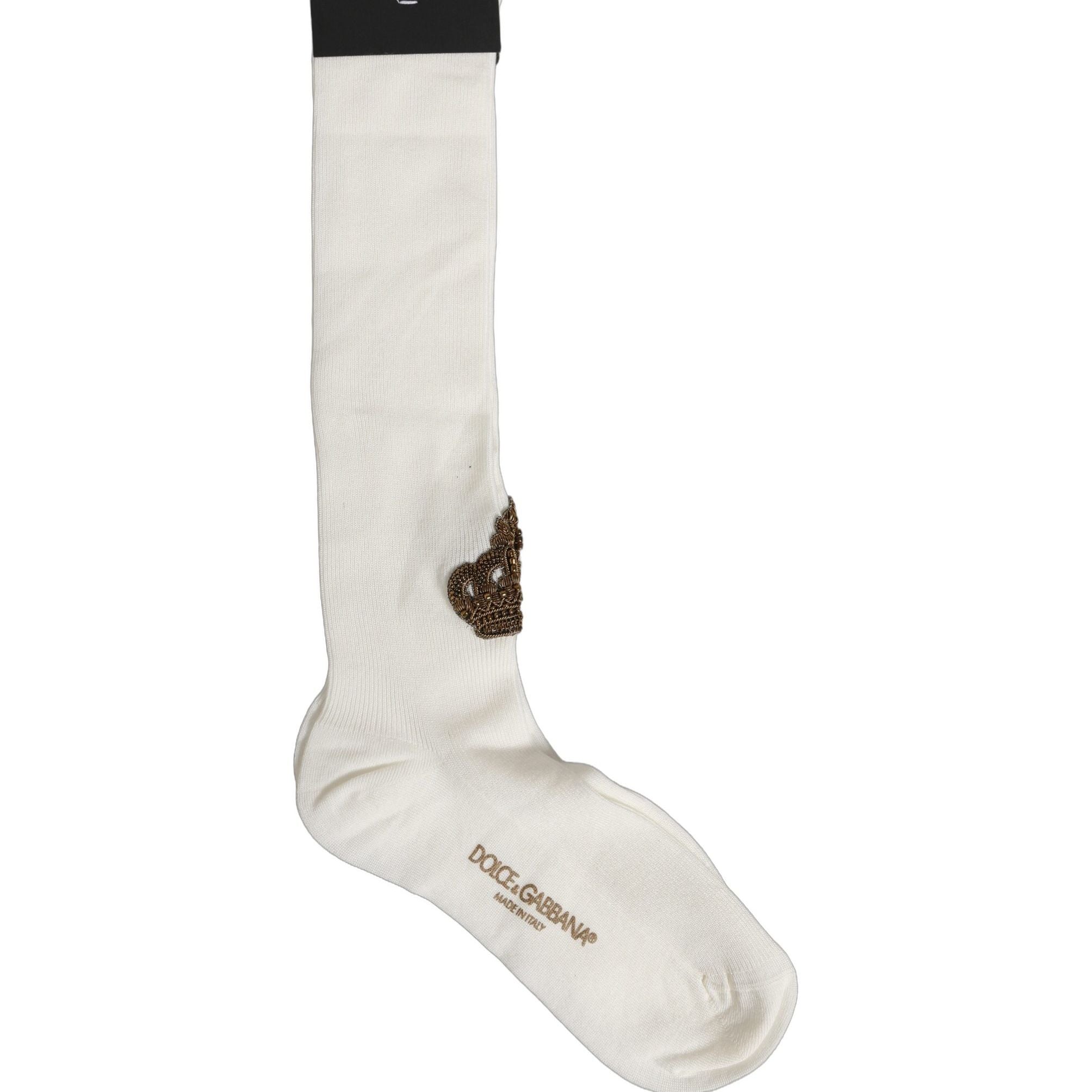 Dolce & Gabbana White Crown Embroidery Knee High Accessory Socks