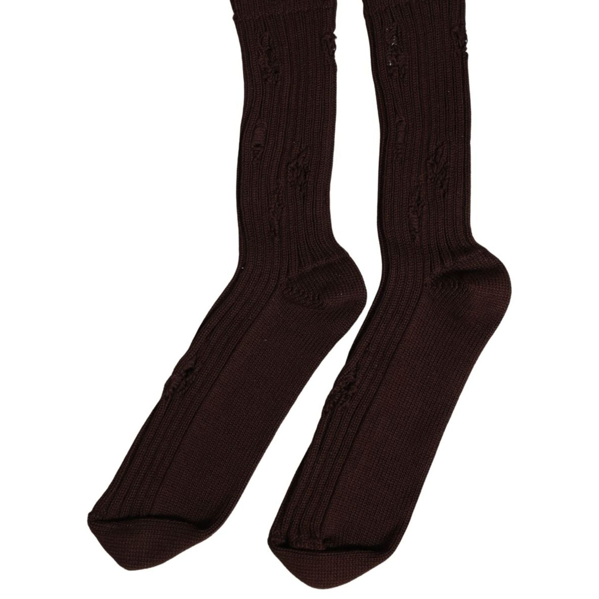 Dolce & Gabbana Dark Brown Cotton Distressed Mid Calf Accessory Socks