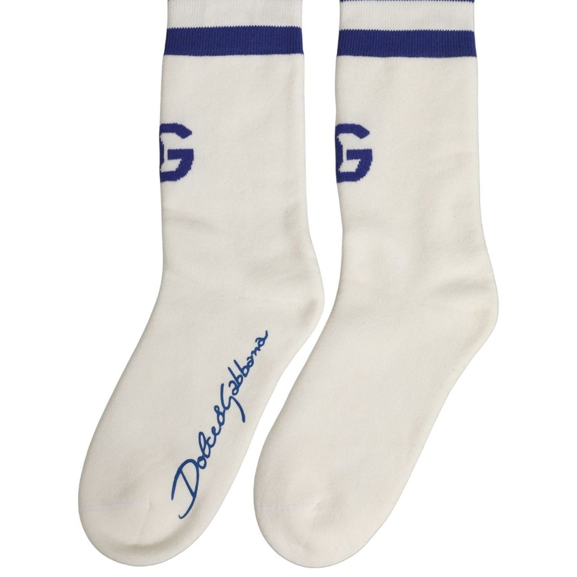 Dolce & Gabbana White Blue Cotton Logo Calf Women Accessory Socks