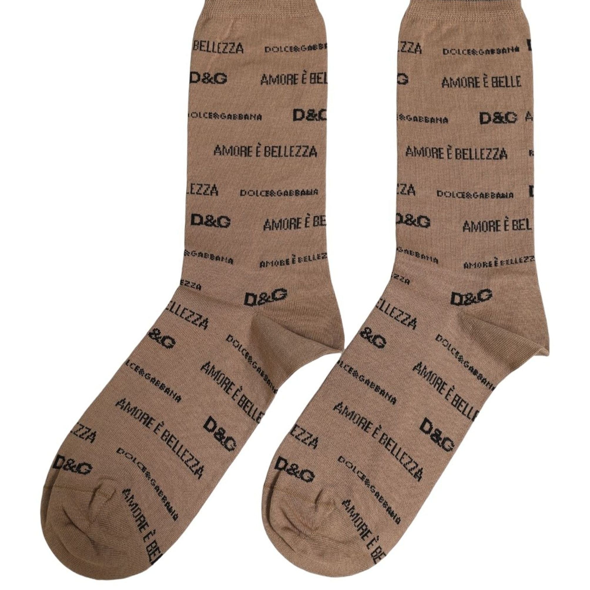 Dolce & Gabbana Brown Cotton Logo Print Mid Calf Accessory Socks