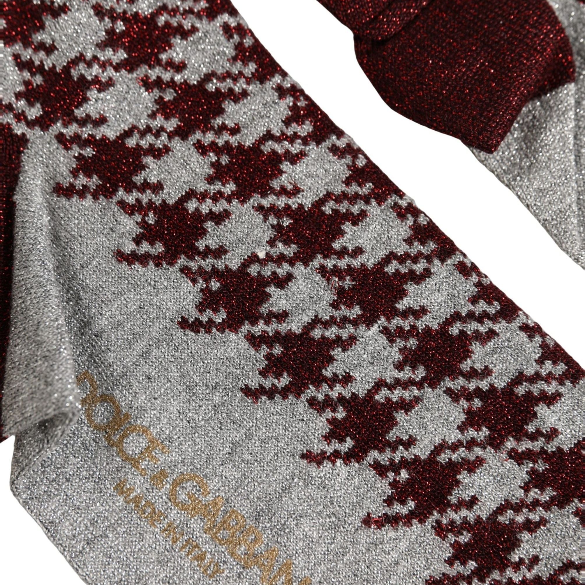 Dolce & Gabbana Maroon Gray Houndstooth Mid Calf Accessory Socks