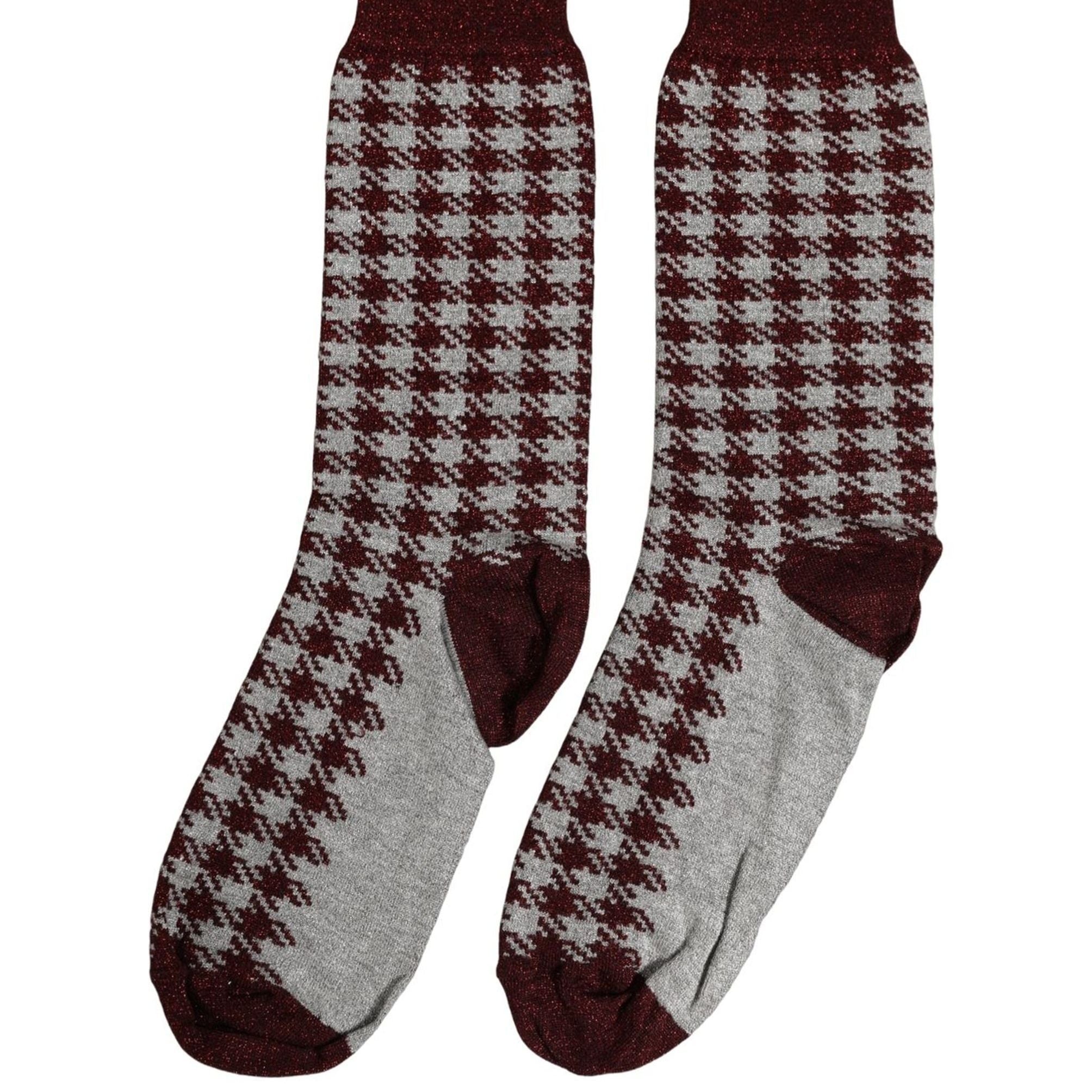 Dolce & Gabbana Maroon Gray Houndstooth Mid Calf Accessory Socks