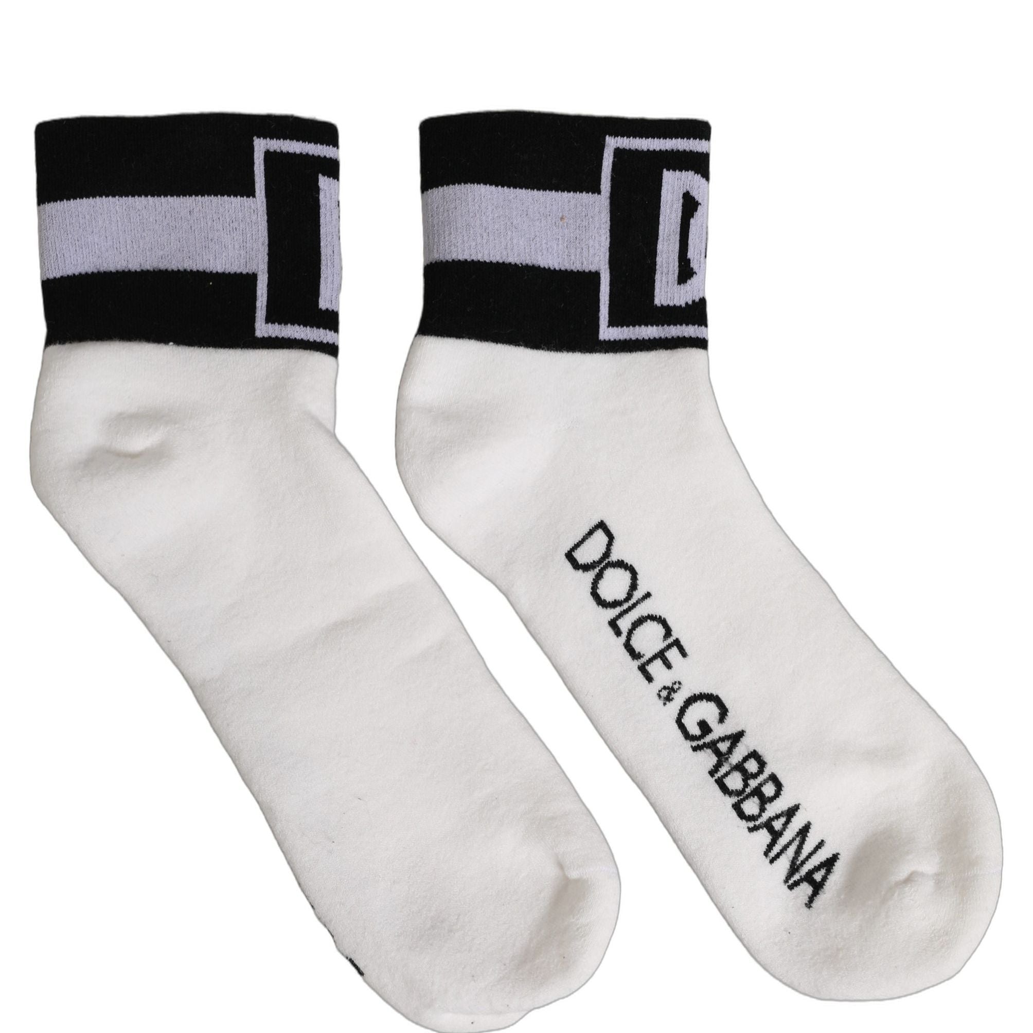 Dolce & Gabbana White Black Cotton Ankle Length DG Logo Socks