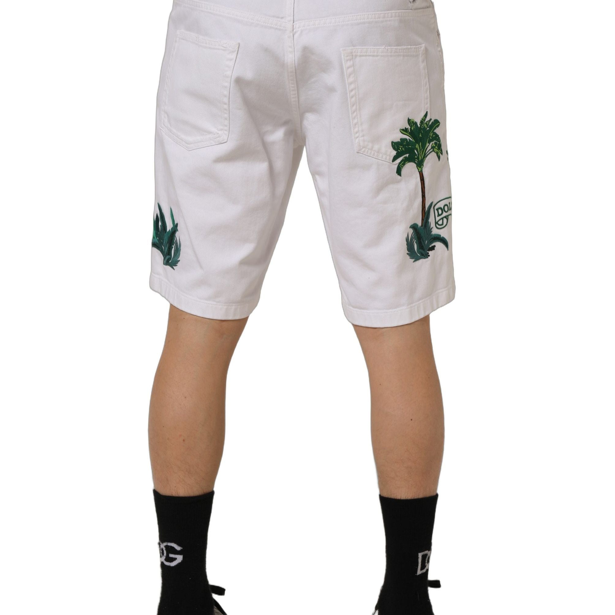 Dolce & Gabbana White Palm Embroidery Denim Bermuda Shorts