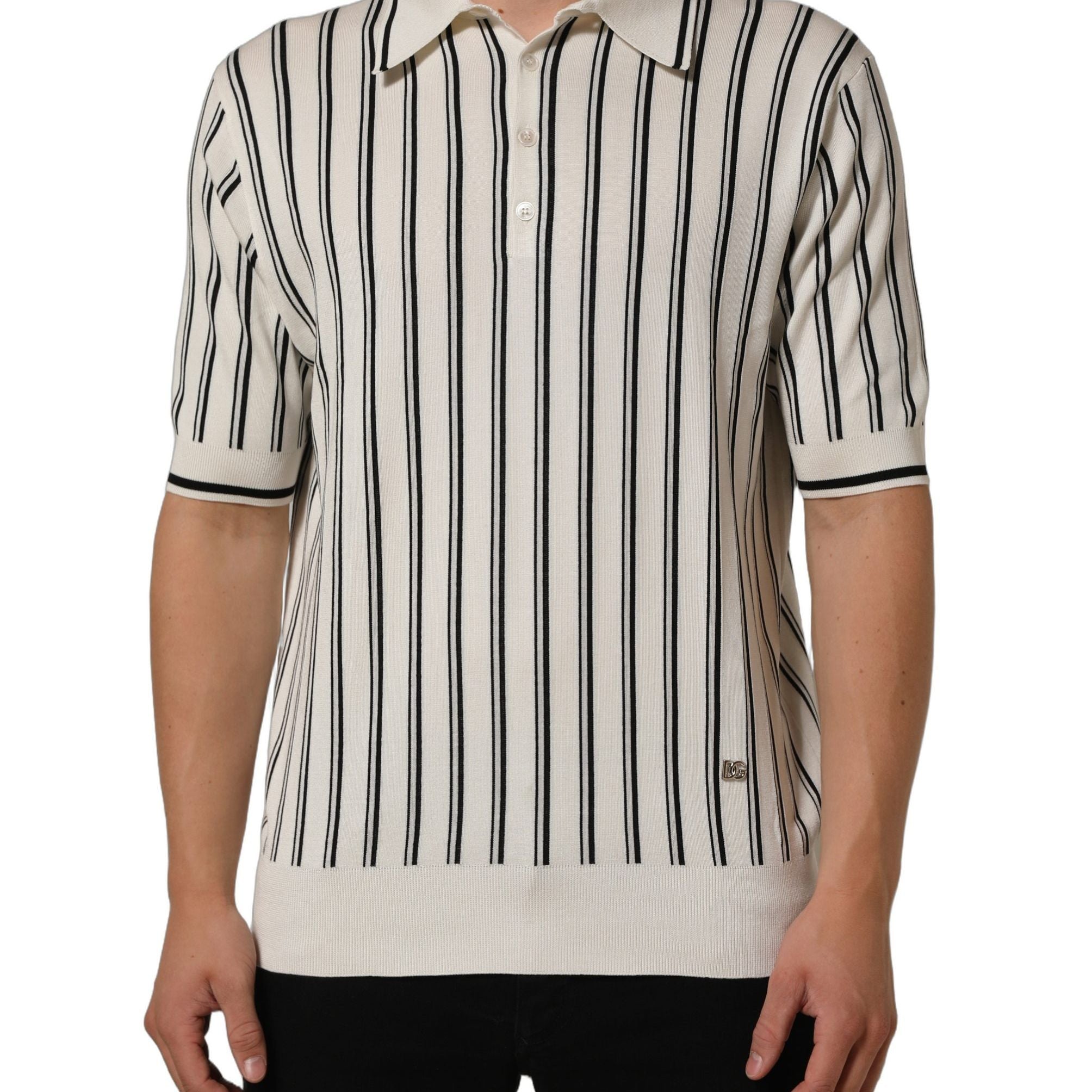 Dolce & Gabbana White Black Stripe Collared Polo T-shirt