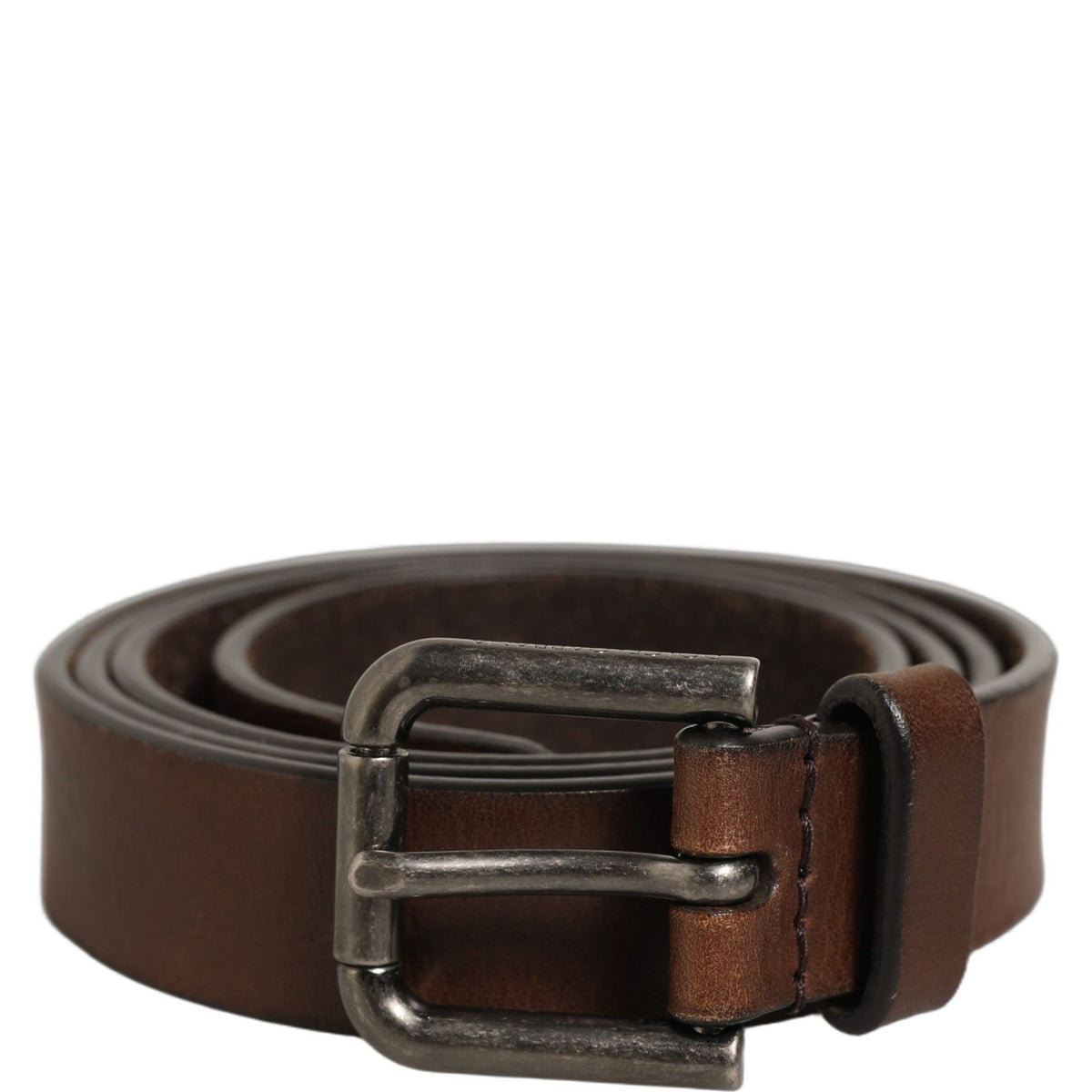 Dolce & Gabbana Brown Leather Silver Tone Metal Buckle Belt