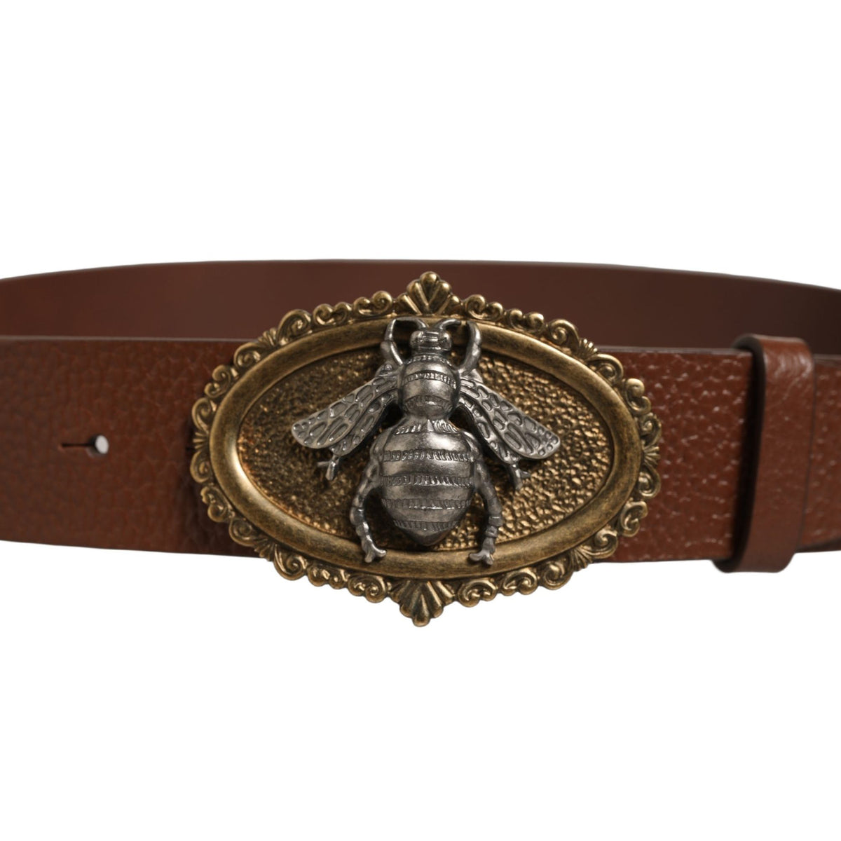 Dolce & Gabbana Brown Leather Bee Accent Metal Buckle Belt