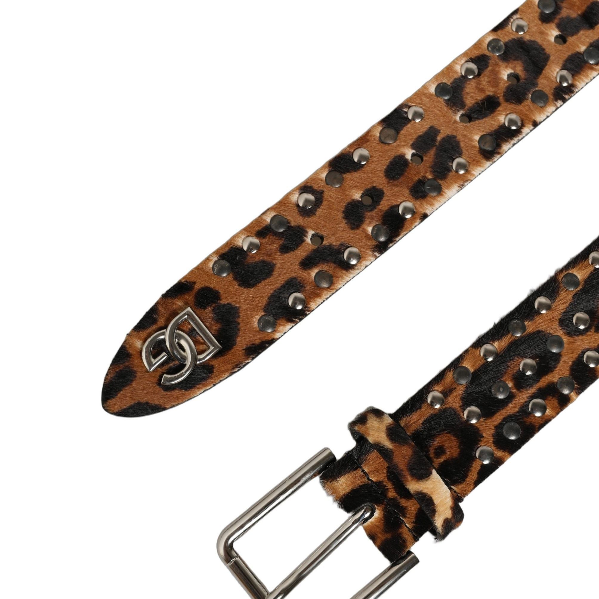 Dolce & Gabbana Brown Leopard Calf Hair Studs Metal Buckle Belt
