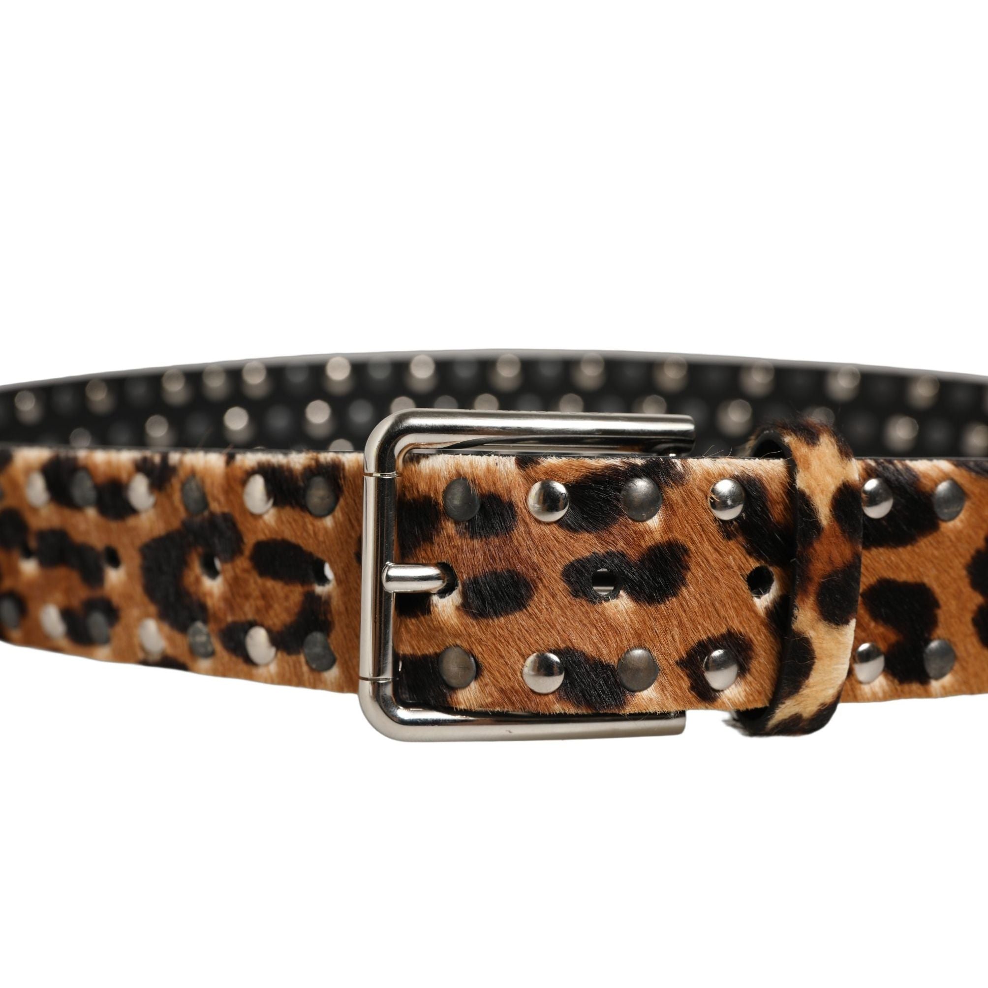 Dolce & Gabbana Brown Leopard Calf Hair Studs Metal Buckle Belt