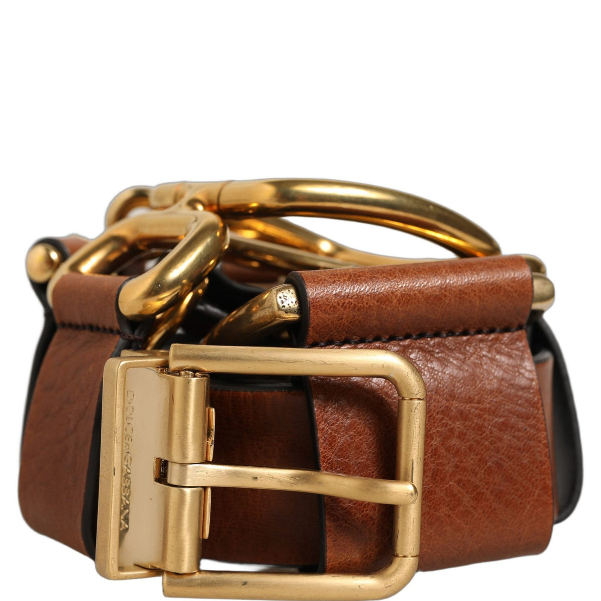 Dolce & Gabbana Brown Leather Gold Metal Rings Buckle Belt