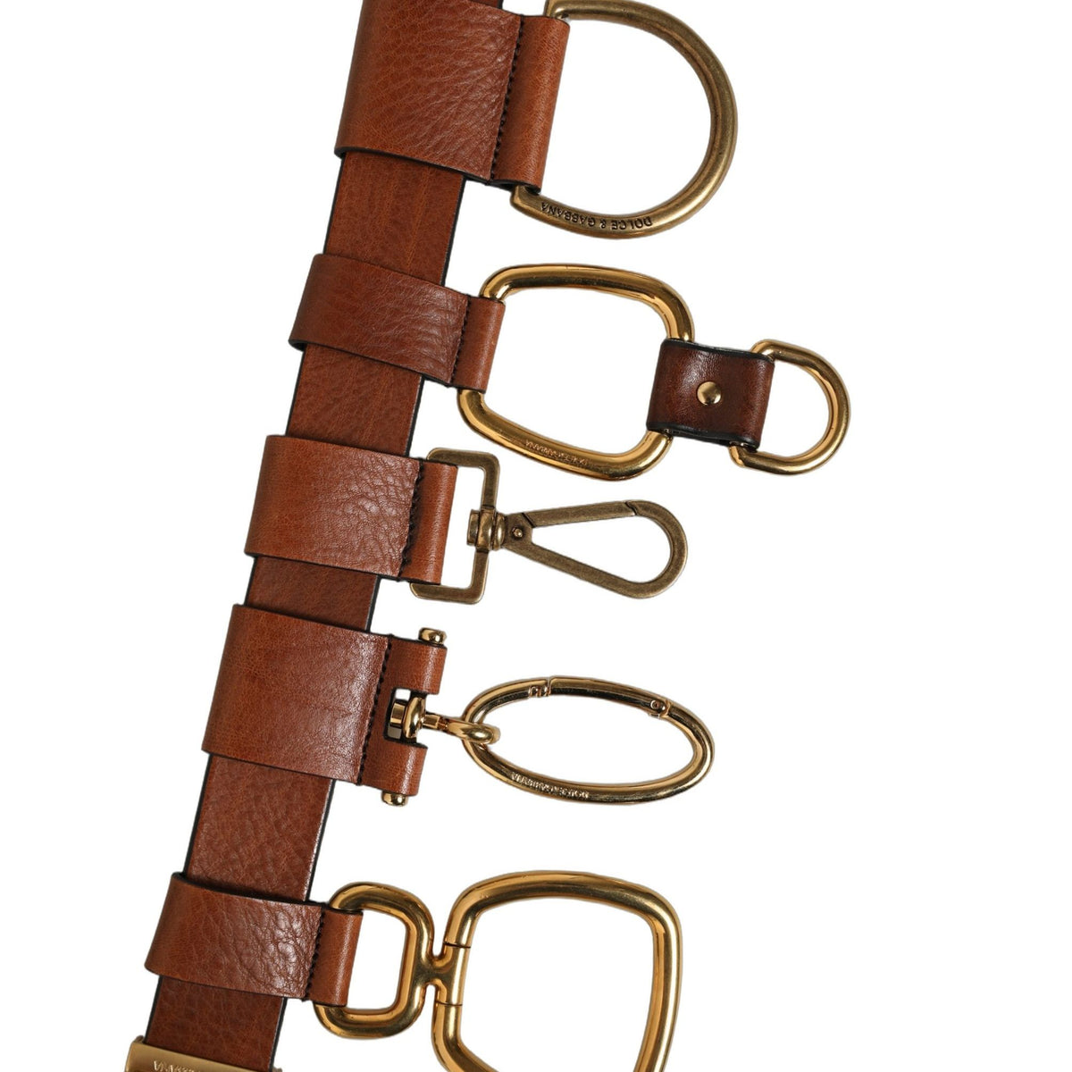 Dolce & Gabbana Brown Leather Gold Metal Rings Buckle Belt