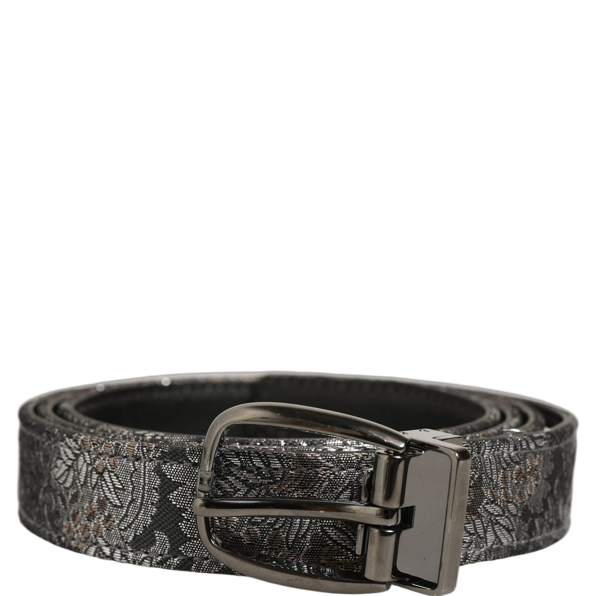 Dolce & Gabbana Silver Black Floral Jacquard Metal Buckle Belt