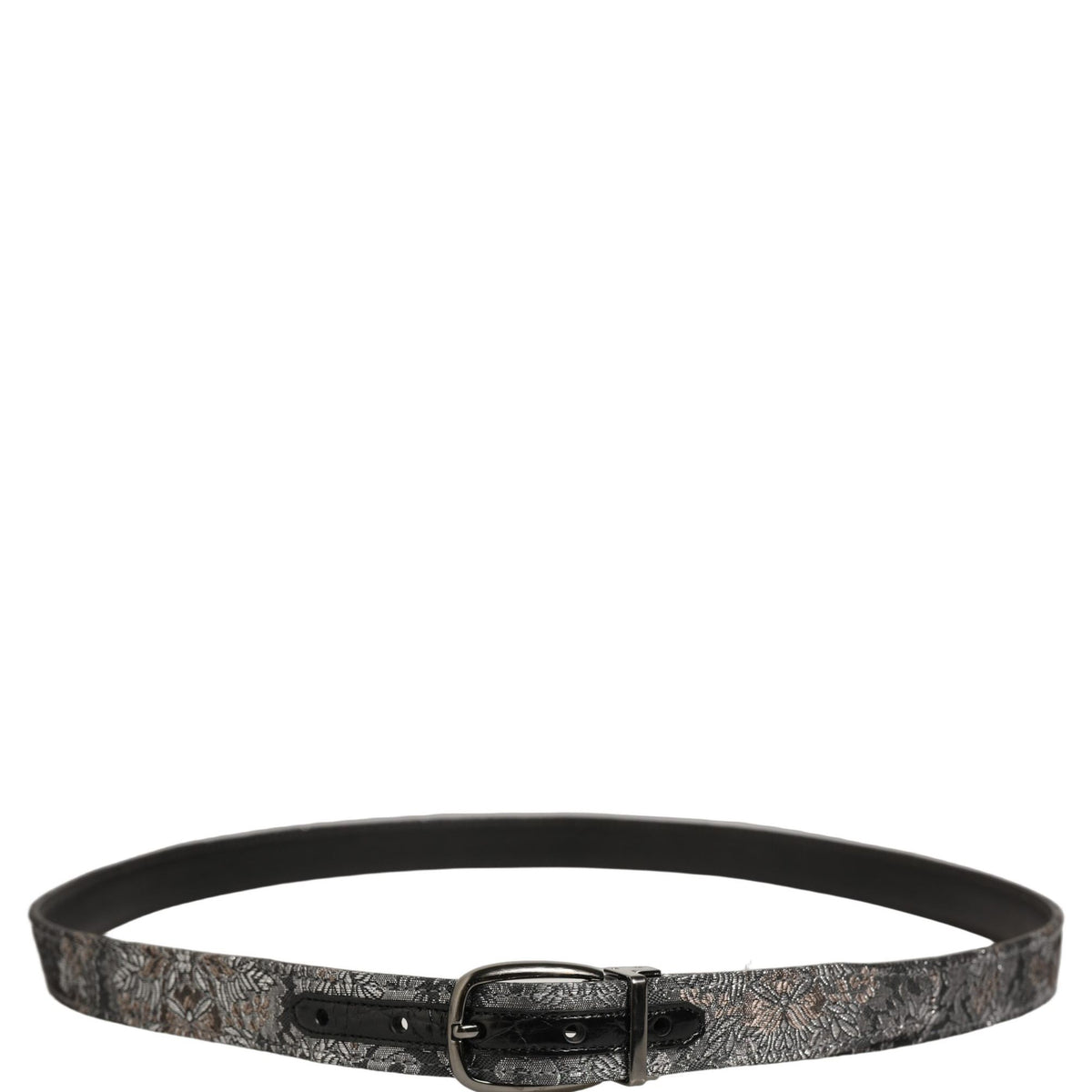 Dolce & Gabbana Silver Black Floral Jacquard Metal Buckle Belt