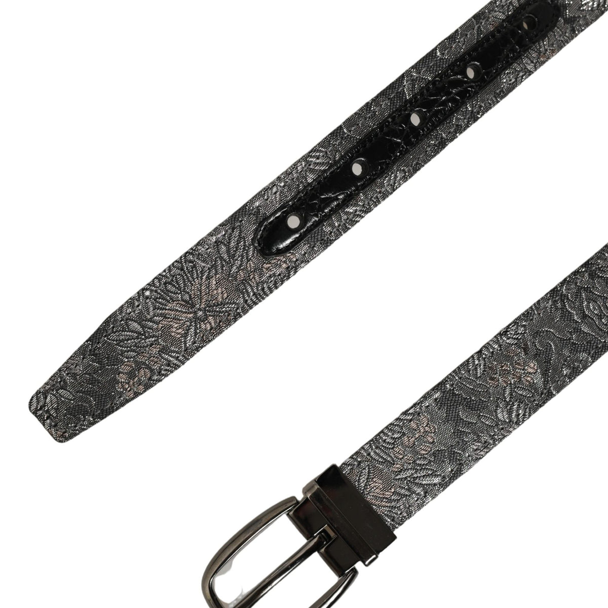 Dolce & Gabbana Silver Black Floral Jacquard Metal Buckle Belt