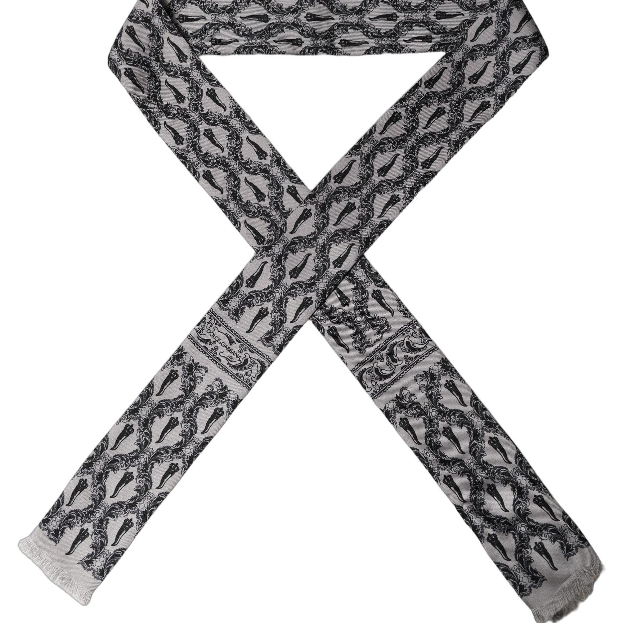 Dolce & Gabbana Gray Baroque Silk Fringed Skinny Foulard Scarf