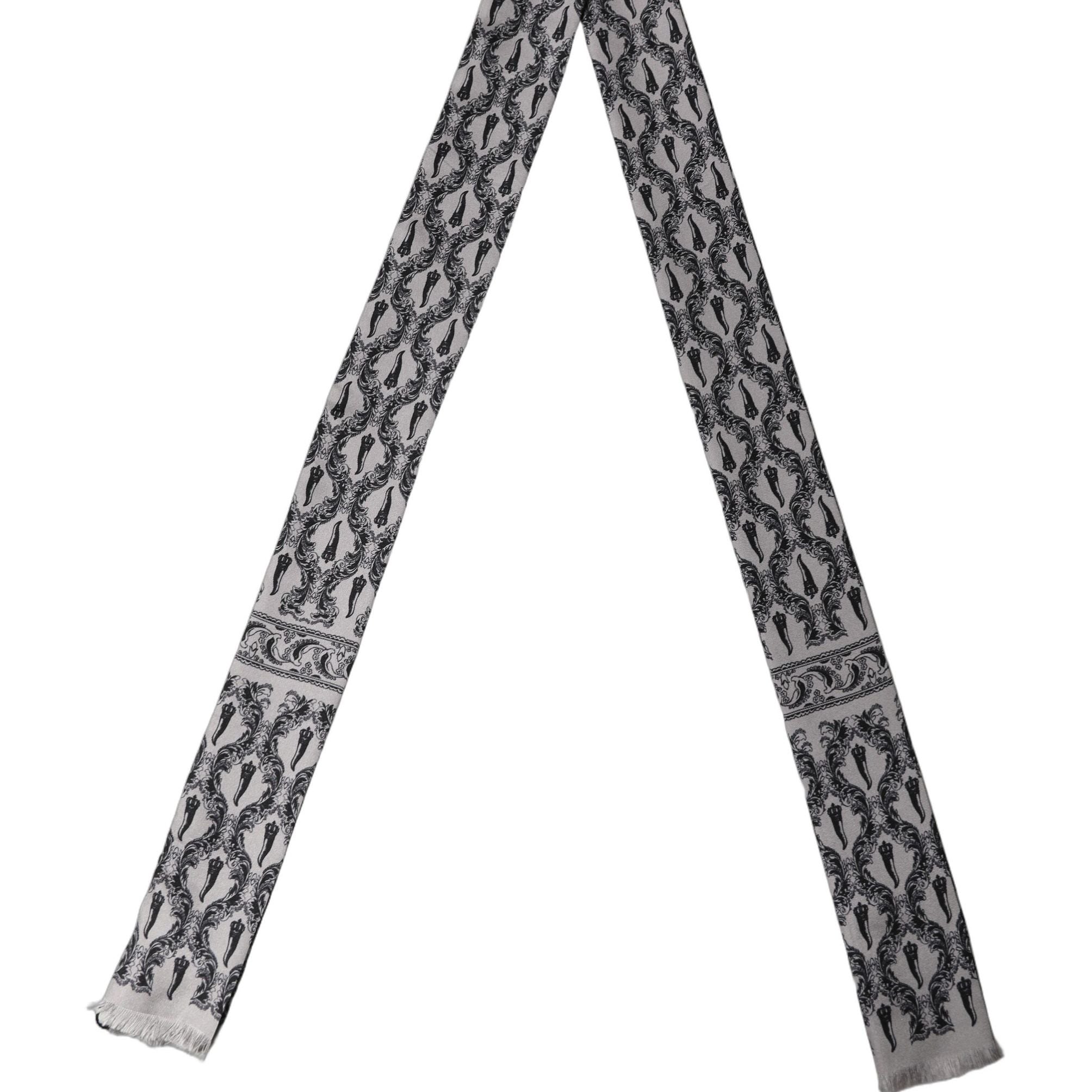Dolce & Gabbana Gray Baroque Silk Fringed Skinny Foulard Scarf