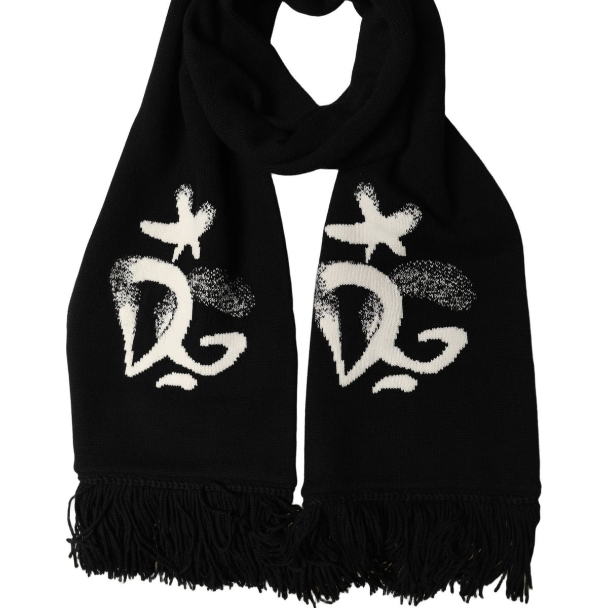 Dolce & Gabbana Black Cashmere Knitted Fringed Foulard Scarf