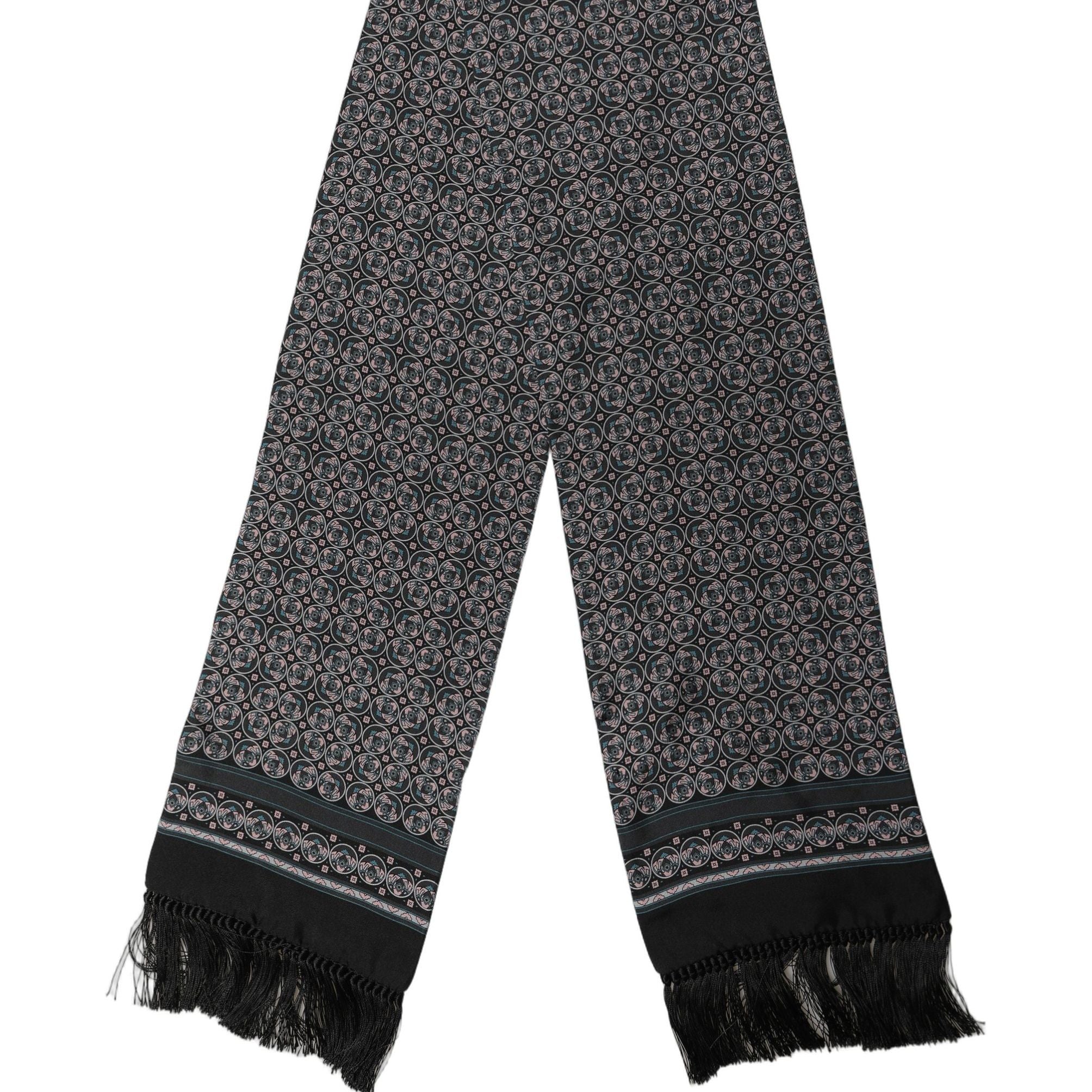 Dolce & Gabbana Black Silk Geometric Fringed Neck Shawl Scarf