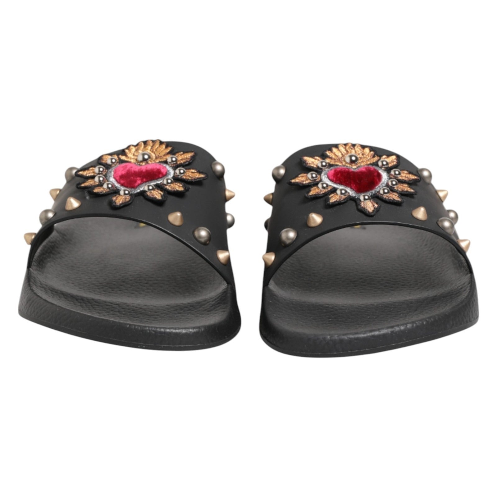 Dolce & Gabbana Black Heart Patch Rubber Calfskin Slippers Shoes
