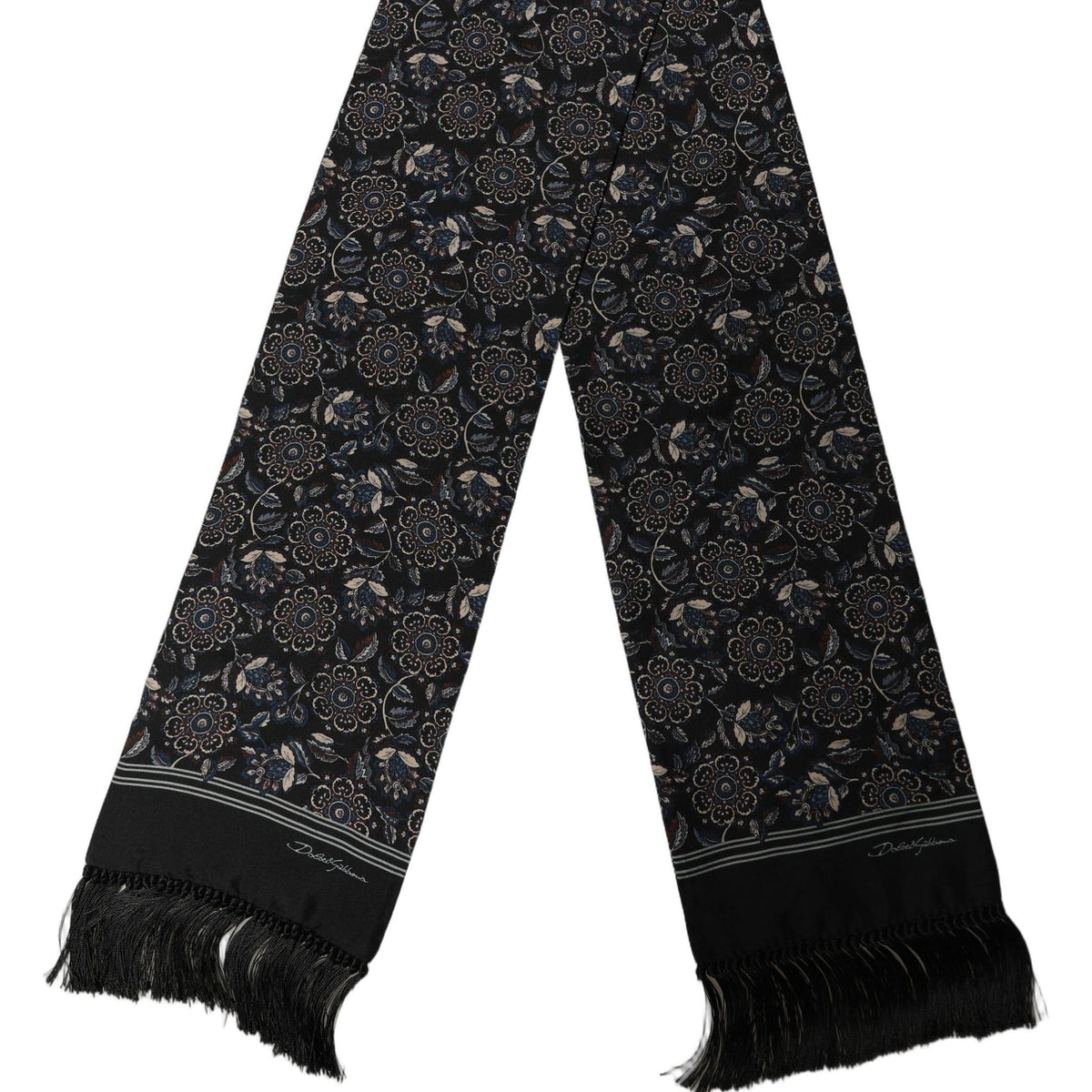 Dolce & Gabbana Black Silk Floral Paisley Fringed Shawl Scarf