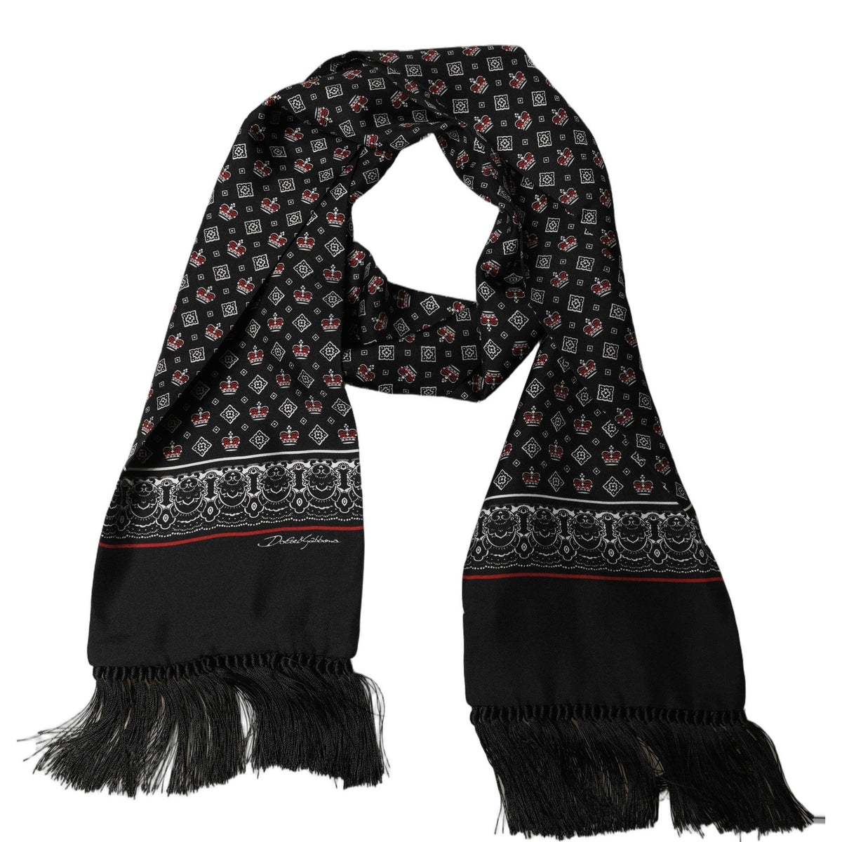 Dolce & Gabbana Black Silk Crown Fringed Neck Shawl Scarf